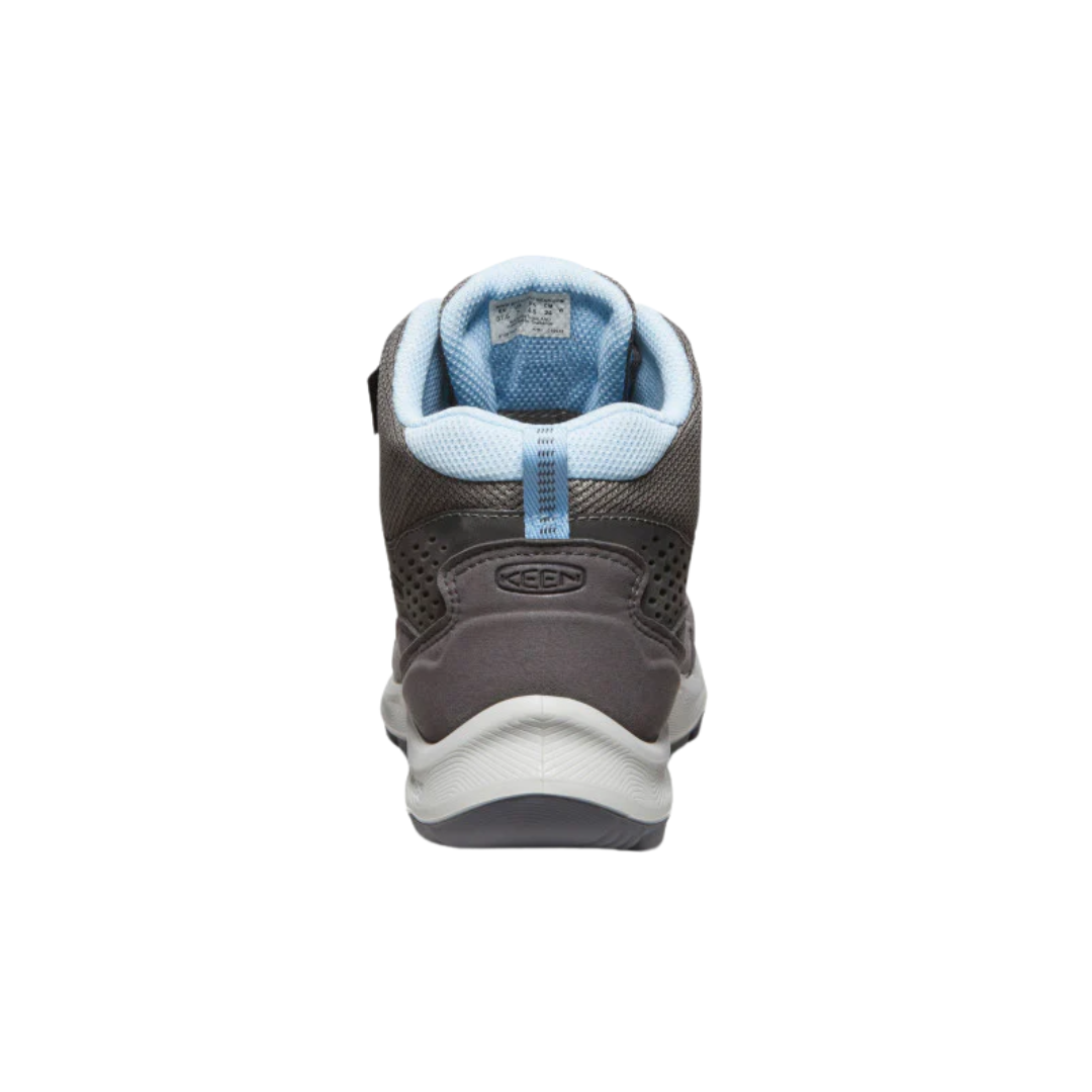 Back view of Women’s Terradora Explorer Waterproof Boot in steel grey and clear sky – featuring a molded heel counter for rearfoot stability, pull tab for easy on and off, and reflective accents for enhanced visibility during low-light activities.