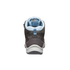 Back view of Women’s Terradora Explorer Waterproof Boot in steel grey and clear sky – featuring a molded heel counter for rearfoot stability, pull tab for easy on and off, and reflective accents for enhanced visibility during low-light activities.