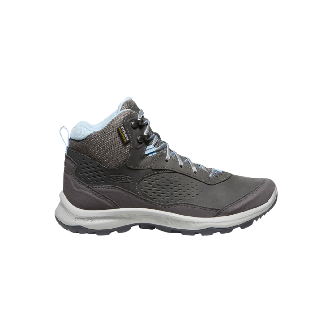 Side view of Women’s Terradora Explorer Waterproof Boot in steel grey and clear sky – featuring a waterproof nubuck leather upper with breathable mesh panels, cushioned midsole with advanced shock absorption to reduce joint stress, and reinforced toe and heel overlays for durability.