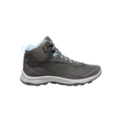 Side view of Women’s Terradora Explorer Waterproof Boot in steel grey and clear sky – featuring a waterproof nubuck leather upper with breathable mesh panels, cushioned midsole with advanced shock absorption to reduce joint stress, and reinforced toe and heel overlays for durability.