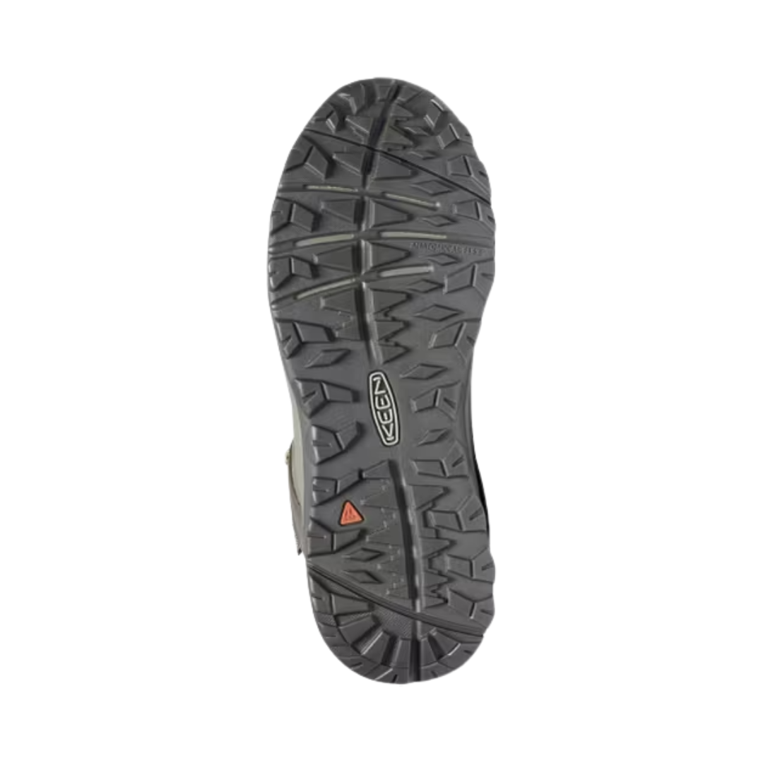 Bottom View of Women’s Keen Terradora II Leather Waterproof Boot in brindle/redwood – featuring a durable rubber outsole with deep multi-directional lugs for superior traction, slip-resistant design, and rugged construction for outdoor stability.