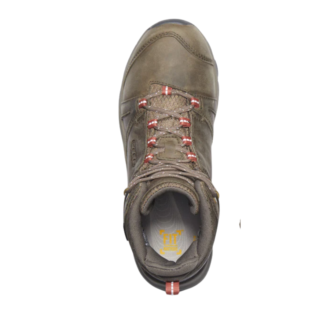 Top view of Women’s Terradora II Mid Waterproof Boot in brindle and redwood – featuring padded collar and tongue for ankle support, moisture-wicking lining for dry comfort, and secure lace-up closure with reinforced eyelets for a locked-in fit.