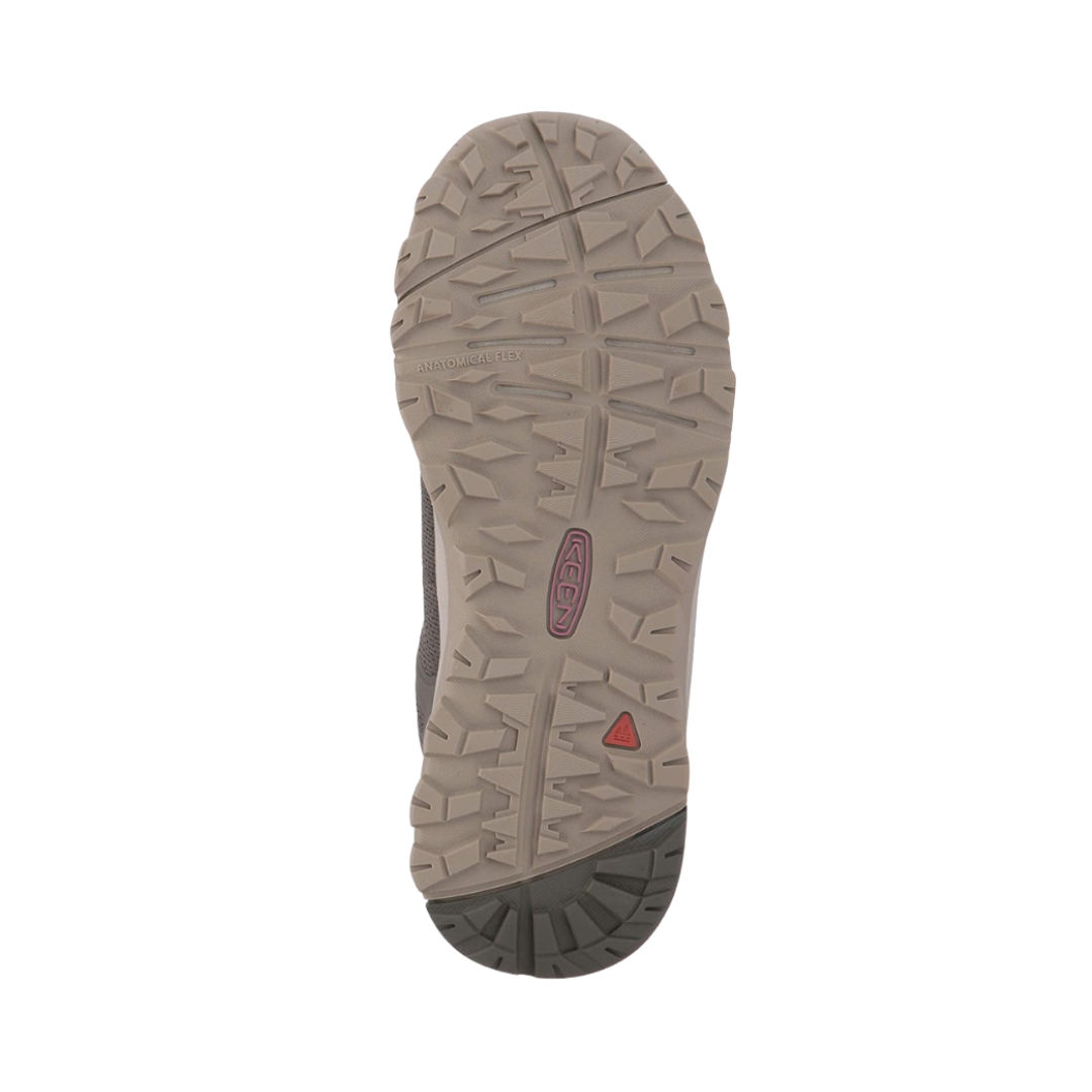 Bottom view of Women’s Terradora II Vent hiking shoe in olive and nostalgia – featuring a rugged rubber outsole with multi-directional lugs for reliable traction, flex grooves for natural foot movement, and slip-resistant tread to improve stability and reduce fall risk.