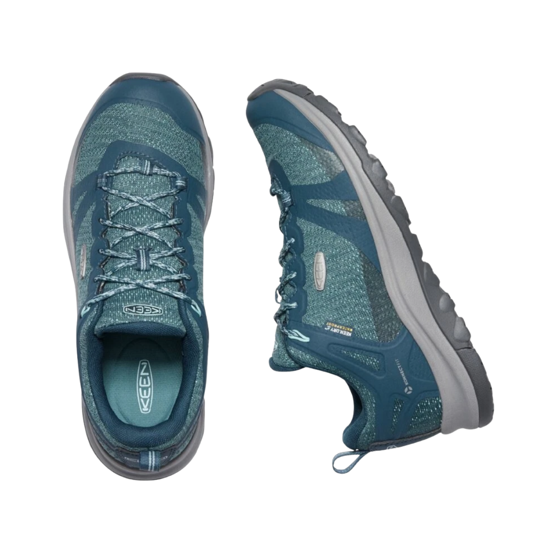 Top and Side View of Women’s Keen Terradora II Vent Hiker boot in tapestry blue/glow – featuring a breathable mesh and leather upper, secure lace-up system, padded collar and tongue for comfort, and a supportive cushioned midsole designed for hiking stability.