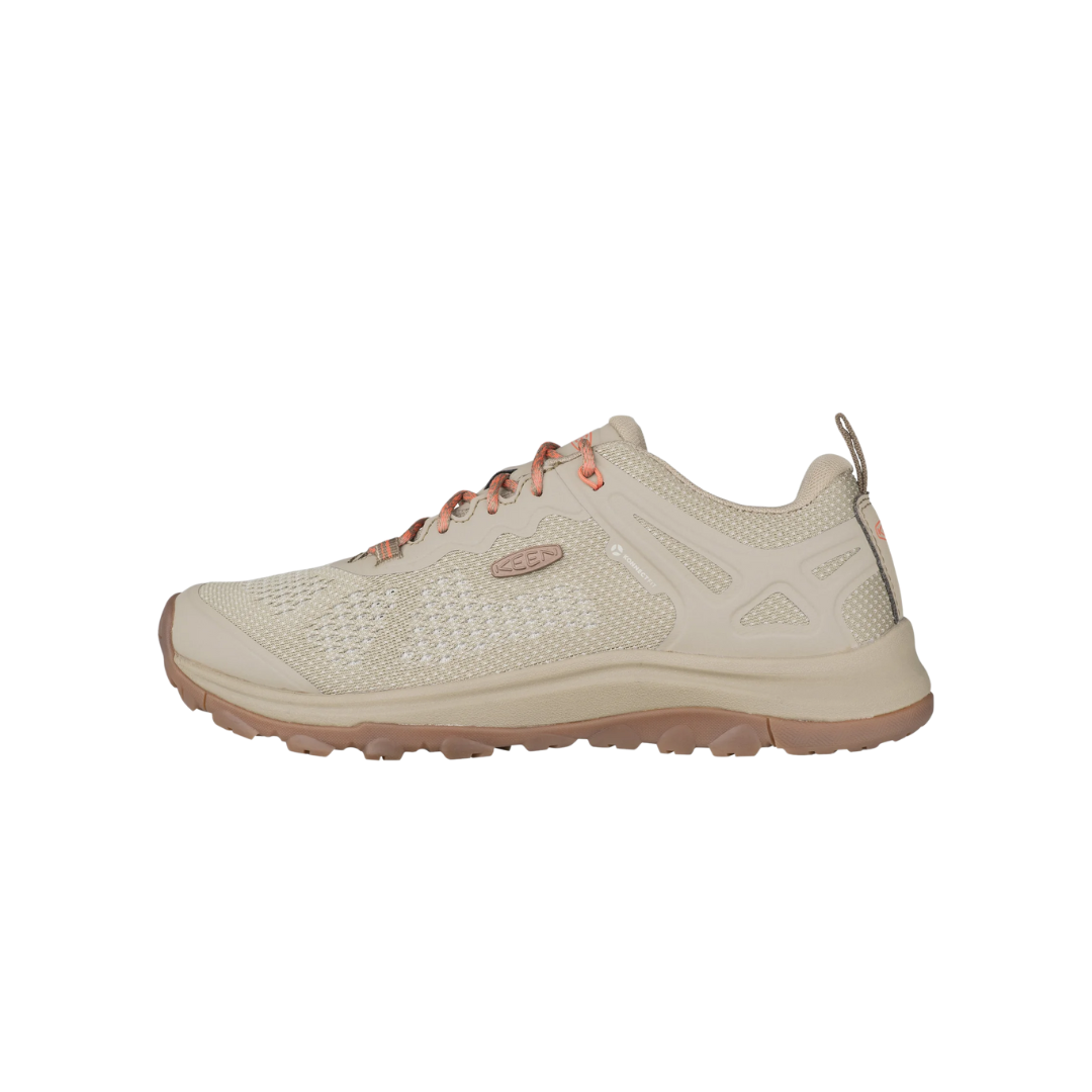 Side view of Women’s Terradora II Vent hiking shoe in plaza taupe and coral – featuring a breathable mesh and synthetic upper for lightweight support, cushioned midsole with shock absorption to reduce joint impact, and reinforced toe cap for trail durability.