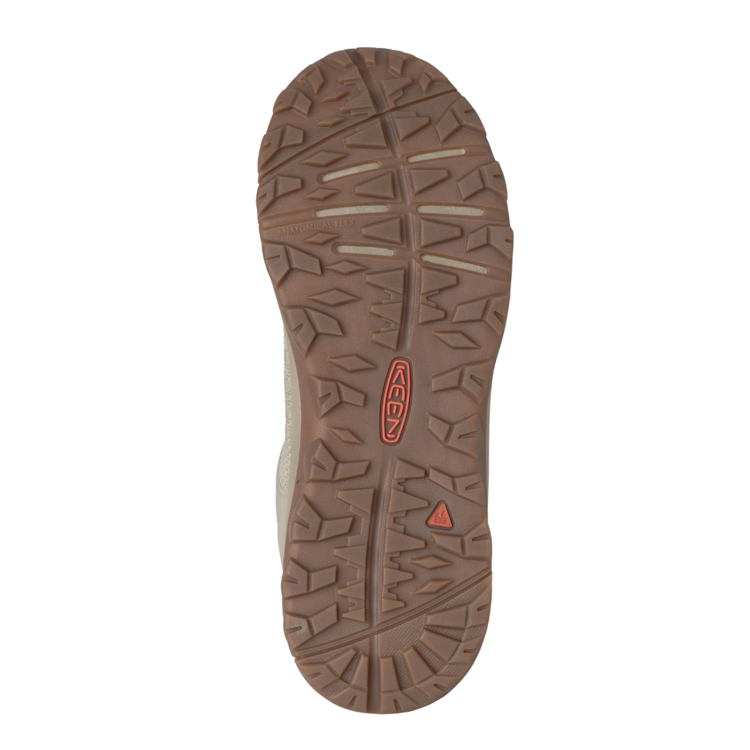 Bottom view of Women’s Terradora II Vent hiking shoe in plaza taupe and coral – featuring a rugged rubber outsole with multi-directional lugs for reliable traction, flex grooves for natural foot movement, and slip-resistant tread to improve stability and reduce fall risk.
