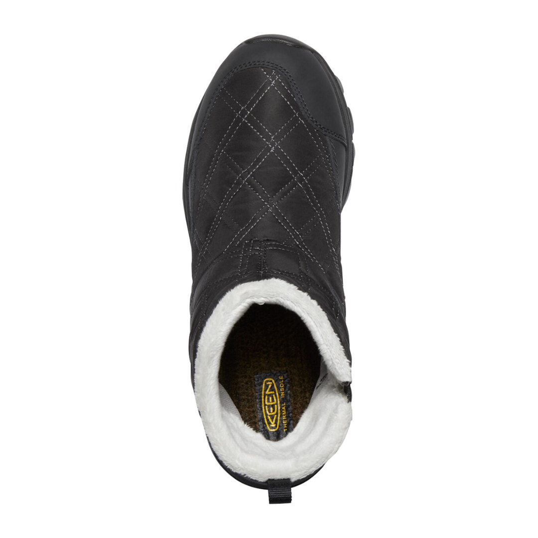 Top view of Women’s Terradora II Wintry Waterproof Boot in black – featuring padded collar and tongue for ankle support and warmth, moisture-wicking lining to keep feet dry and healthy, and secure lace-up closure with reinforced eyelets for locked-in fit.