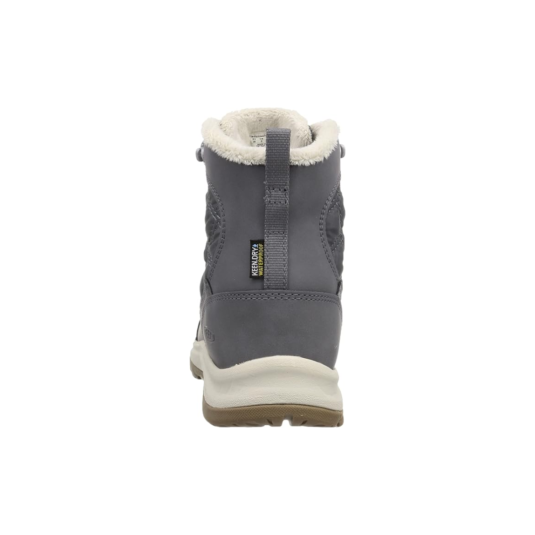 Back view of Women’s Terradora II Wintry Waterproof Boot in magnet and steel – featuring molded heel counter for rearfoot stability, pull tab for easy on and off, and reflective accents for enhanced visibility in low-light winter conditions.