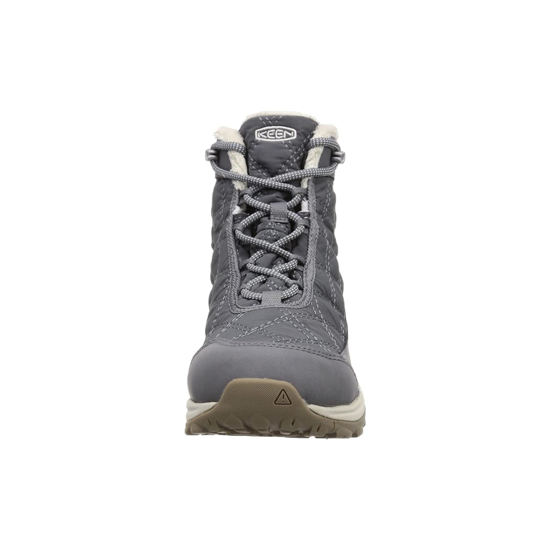 Front view of Women’s Terradora II Wintry Waterproof Boot in magnet and steel – featuring reinforced toe cap for protection against winter trail hazards, structured lacing system for even pressure distribution, and insulated collar for added warmth.
