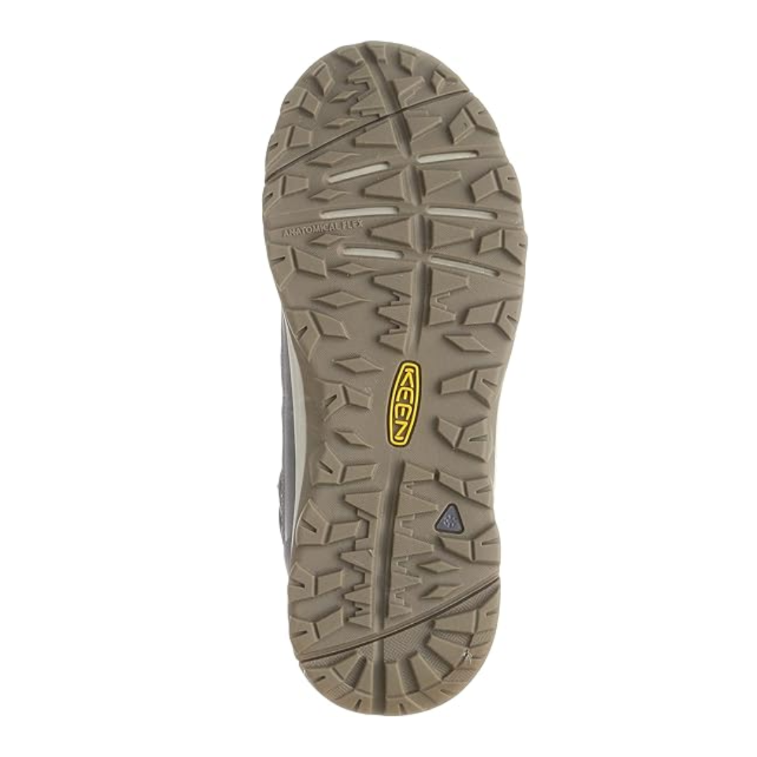 Bottom view of Women’s Terradora II Wintry Waterproof Boot in magnet and steel – featuring a rugged rubber outsole with multi-directional lugs and micro-glass fiber lugs for icy traction, flex grooves for natural foot movement, and slip-resistant tread to prevent falls.