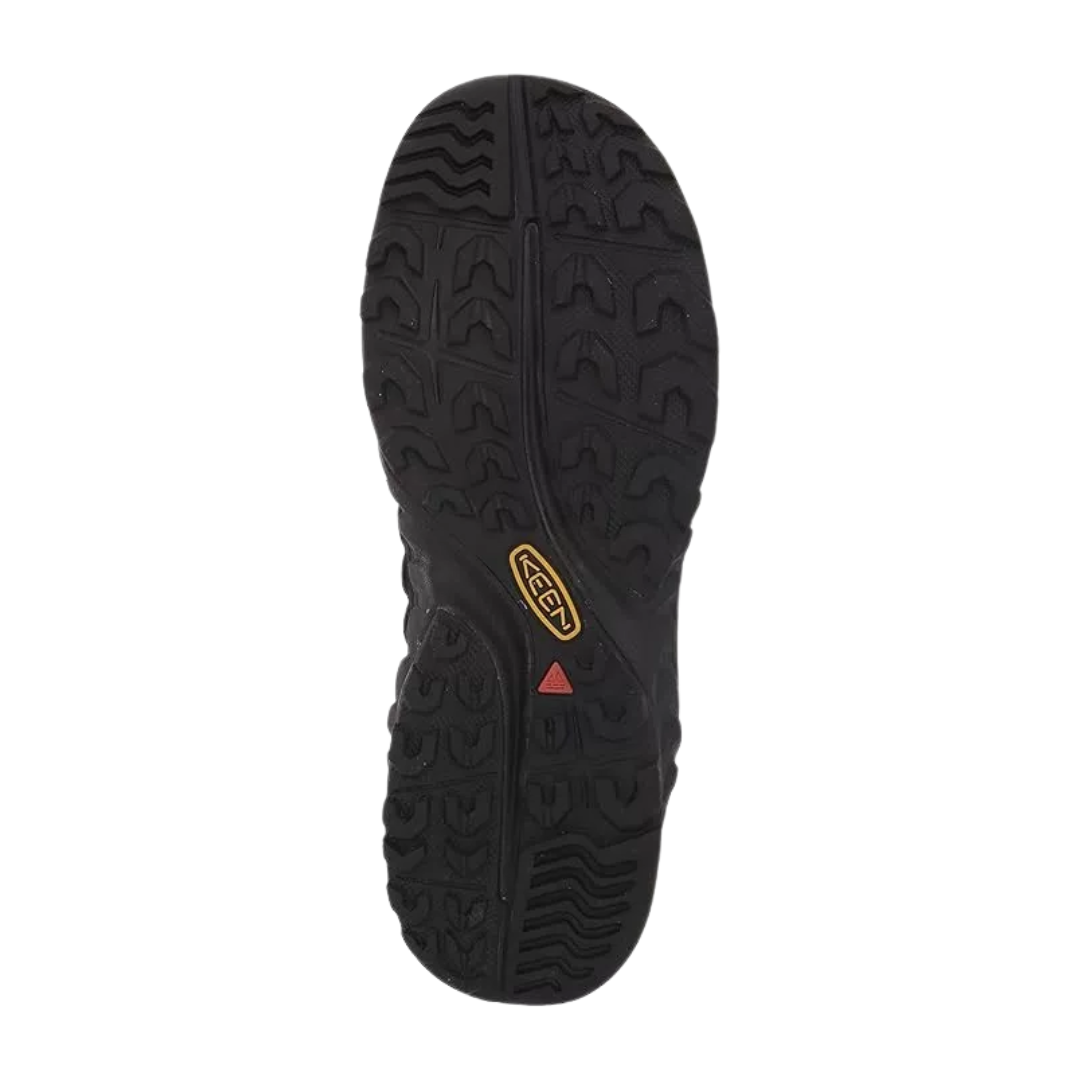 Bottom view of Men’s Uneek Nxis sandal in triple black – featuring a non-marking rubber outsole with multi-directional tread pattern, flex grooves for natural foot movement, and textured surface for reliable grip.