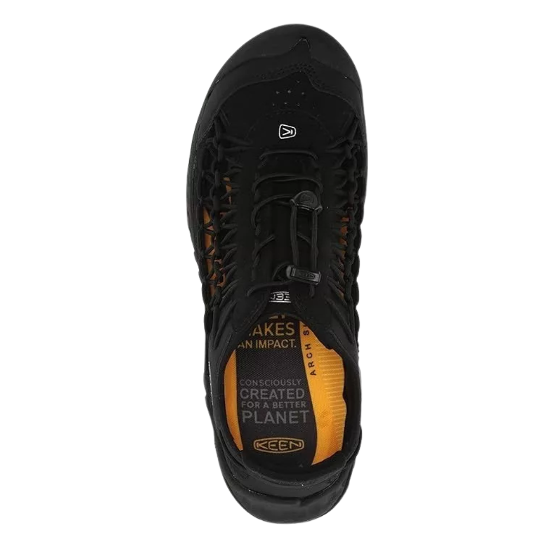 Top view of Men’s Uneek Nxis sandal in black – featuring open design with interwoven cords for ventilation, padded heel strap for comfort, and secure lace system for locked-in fit.