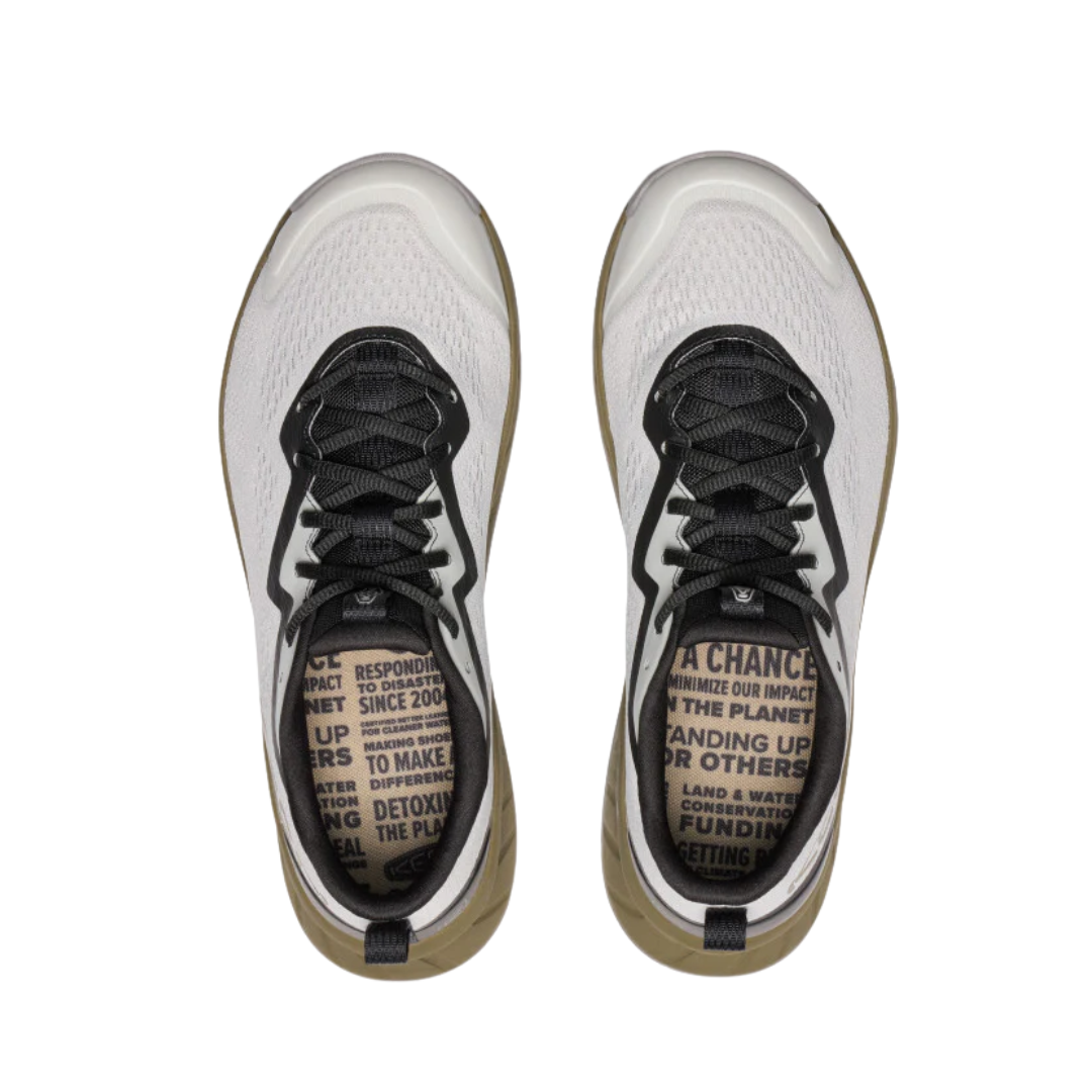 Top view of Men’s Versacore Speed shoe in vapor and dark olive – featuring padded tongue and collar for comfort, moisture-wicking lining to keep feet dry, and anatomical footbed for arch support.