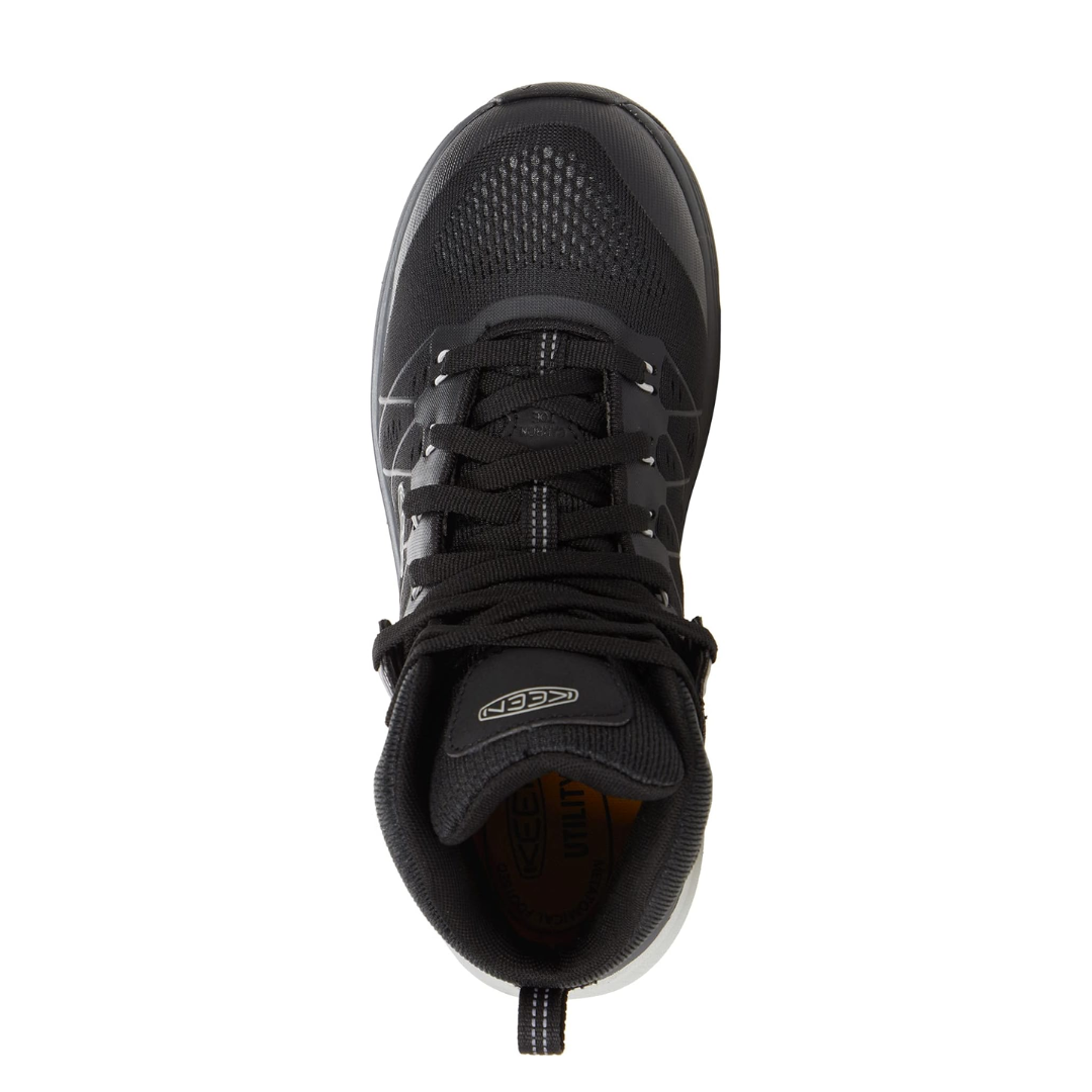 Top view of Women’s Vista Energy Mid (Carbon Toe) boot in vapor and black – featuring a padded collar and tongue for all-day comfort, moisture-wicking lining for dry performance, and reinforced eyelets for secure lacing and foot lockdown.