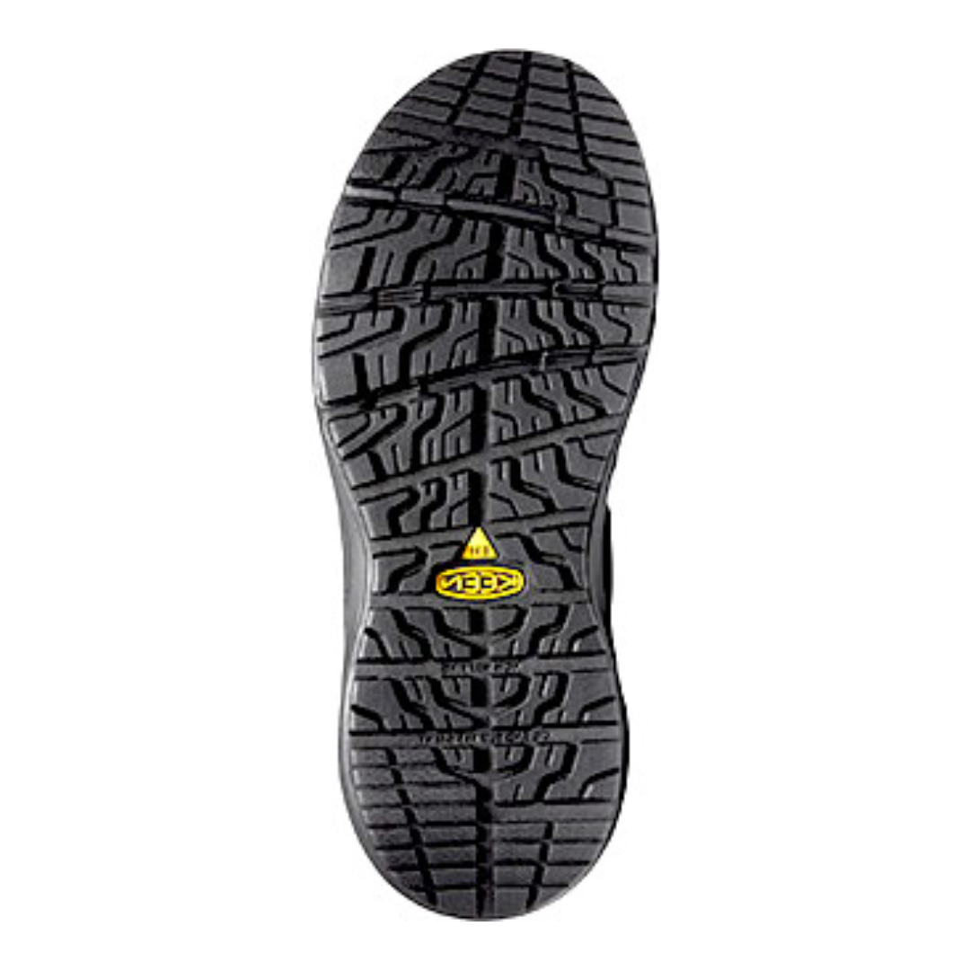 Bottom view of Women’s Vista Energy Mid INT MET (Carbon Toe) boot in black and raven – featuring a slip- and oil-resistant rubber outsole, multidirectional tread for secure footing, and flexible forefoot grooves for enhanced mobility.
