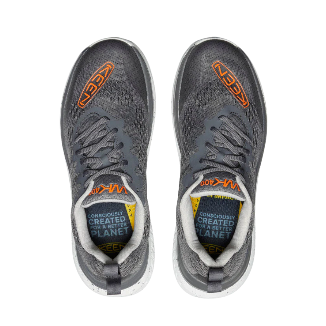 Top view of Men’s WK400 walking shoe in steel grey and scarlet ibis – featuring a padded tongue and collar for comfort, secure lace-up design for a locked-in feel, and ventilated mesh zones for moisture control.