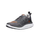 Angled view of Men’s WK400 walking shoe in steel grey and scarlet ibis – featuring a streamlined athletic silhouette, heel-to-toe curve for forward propulsion, and bold contrast accents for a modern look.