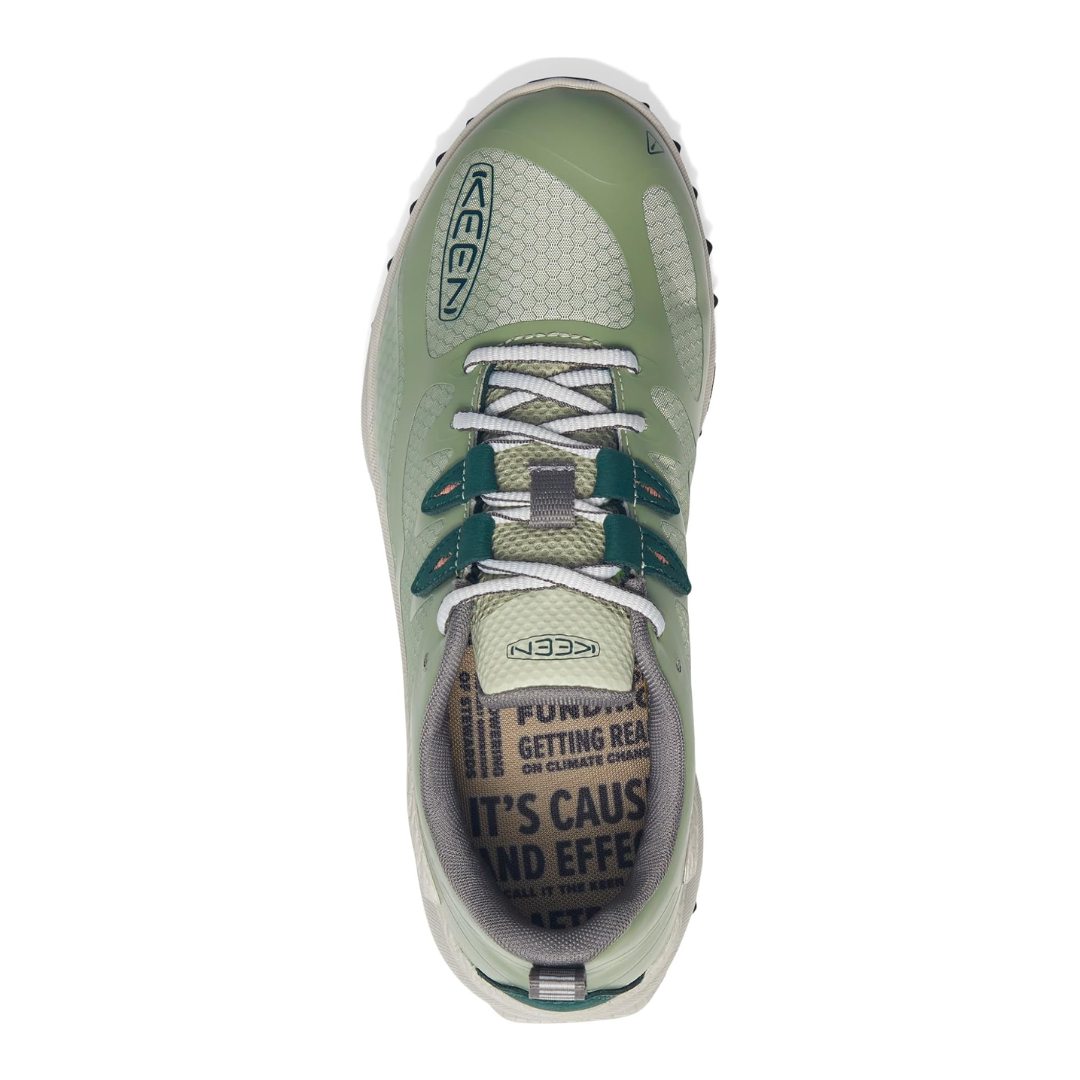 Top view of Keen Women's Zionic Waterproof Hiking Shoe in Desert Sage/Ember Glow – featuring a padded tongue and collar, durable lace-up closure, and an asymmetrical toe box with KEEN’s signature protective toe cap for comfort, safety, and performance fit.
