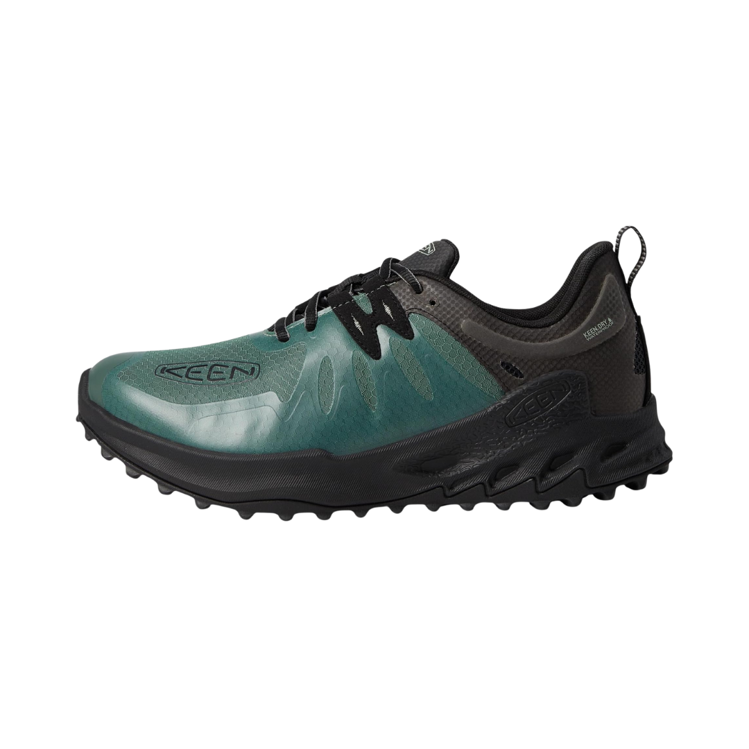 Side view of Men’s Zionic Waterproof hiking shoe in dark forest and black – featuring a KEEN.DRY waterproof breathable membrane to keep feet dry, performance mesh upper with TPU overlays for lightweight durability, and athletic fit for agile movement on the trail.