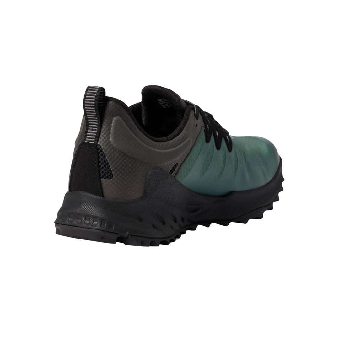 Back view of Men’s Zionic Waterproof hiking shoe in dark forest and black – featuring a molded heel counter for rearfoot stability, pull tab for easy on/off, and sleek design lines for modern trail style.