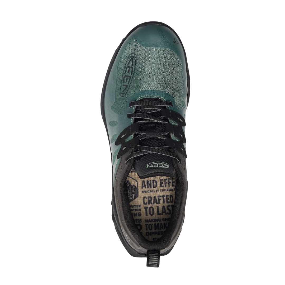 Top view of Men’s Zionic Waterproof hiking shoe in dark forest and black – featuring a padded collar and tongue for ankle comfort, moisture-wicking lining to manage sweat, and secure lace-up system for a locked-in feel during hikes.