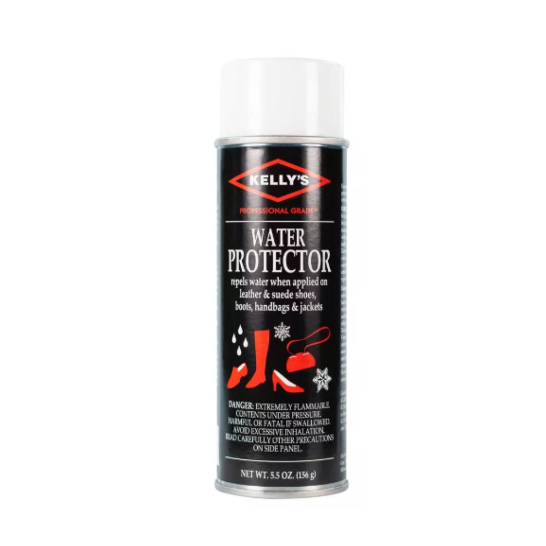 Front of Kelly’s Water Protector spray, formulated to repel water on leather and suede footwear, maintaining shoe quality and appearance.