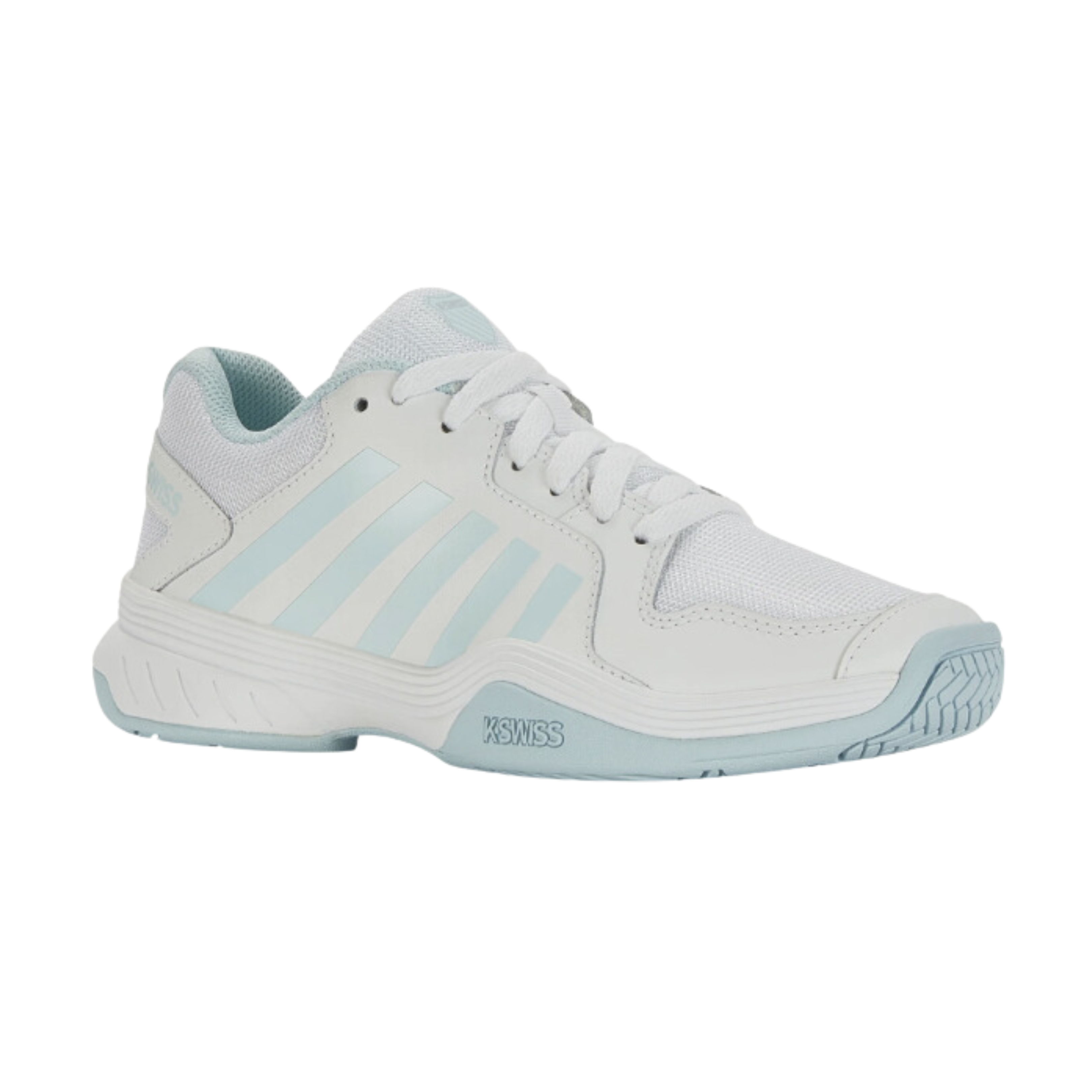 Side view of Women’s Court Express Pickleball in White/Blue – showcasing lightweight mesh and synthetic construction, cushioned midsole, and subtle blue accents for performance-ready style and support.