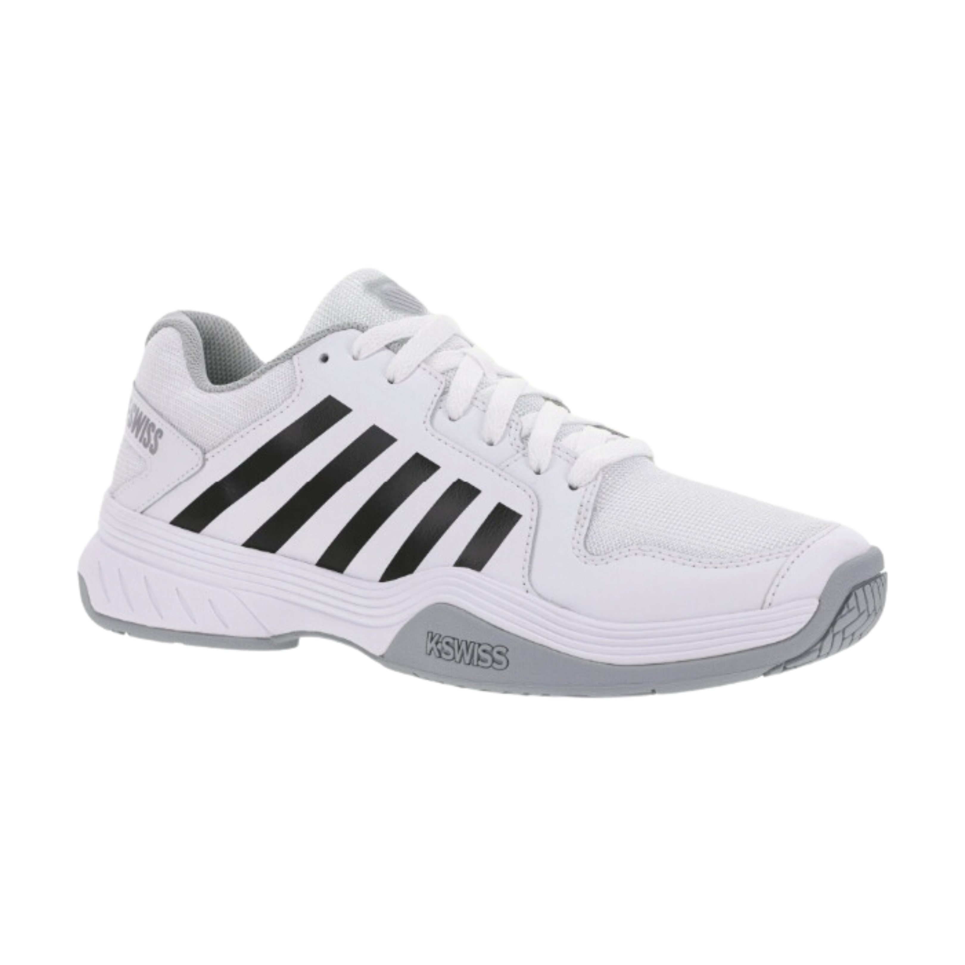 Side view of Men’s Court Express Pickleball in White/Highrise – showcasing a sporty silhouette with synthetic and mesh paneling, supportive midsole, and court-specific design for quick pivots and side-to-side motion.