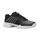 Side view of Women’s Hypercourt Express 2 in Black/White/Silver – showcasing the engineered mesh construction, Surgelite midsole for responsive cushioning, and sleek layered design for performance and style.
