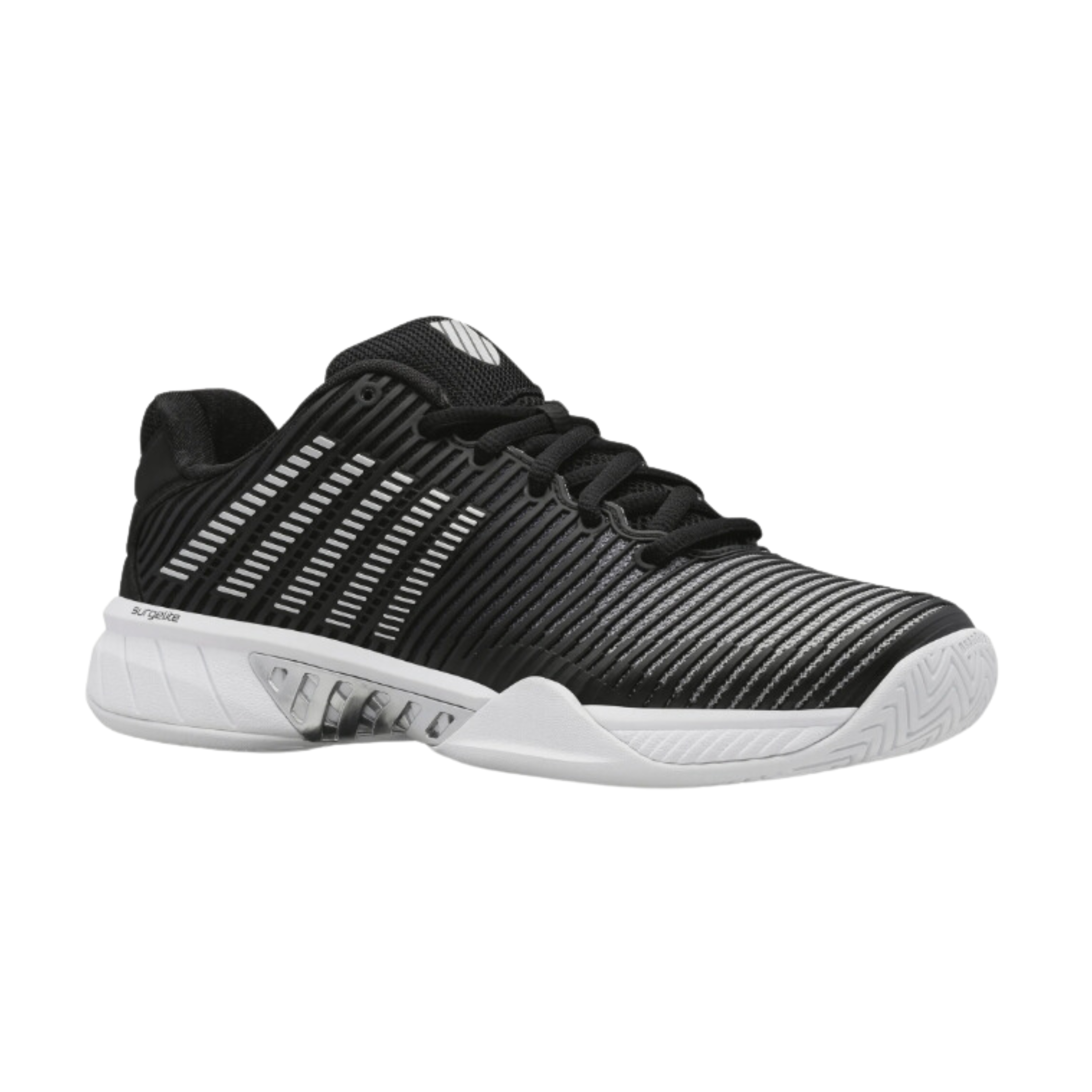Side view of Women’s Hypercourt Express 2 in Black/White/Silver – showcasing the engineered mesh construction, Surgelite midsole for responsive cushioning, and sleek layered design for performance and style.