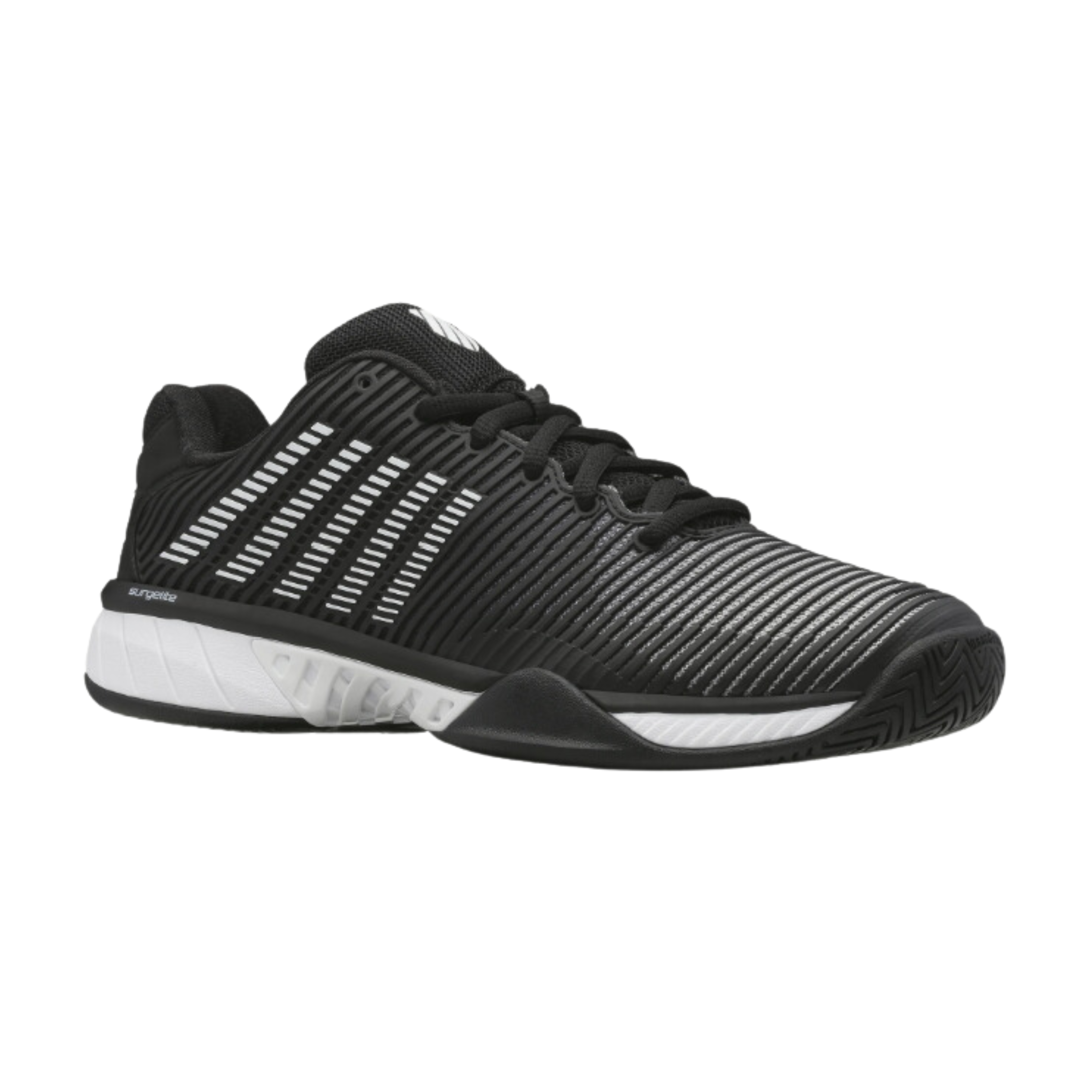 Side view of Men’s K-Swiss Hypercourt Express 2 in Black/White/Highrise – showcasing breathable mesh construction with synthetic support layers, a cushioned Surgelite midsole, and signature 5-stripe branding for athletic versatility.