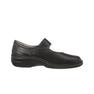 Side View of Women’s Finn Comfort Laval Mary Jane shoe in Black Nappa leather – featuring a single adjustable hook-and-loop strap with a decorative metal medallion, a removable contoured cork footbed for anatomical support, and a flexible polyurethane outsole for shock absorption and stability.