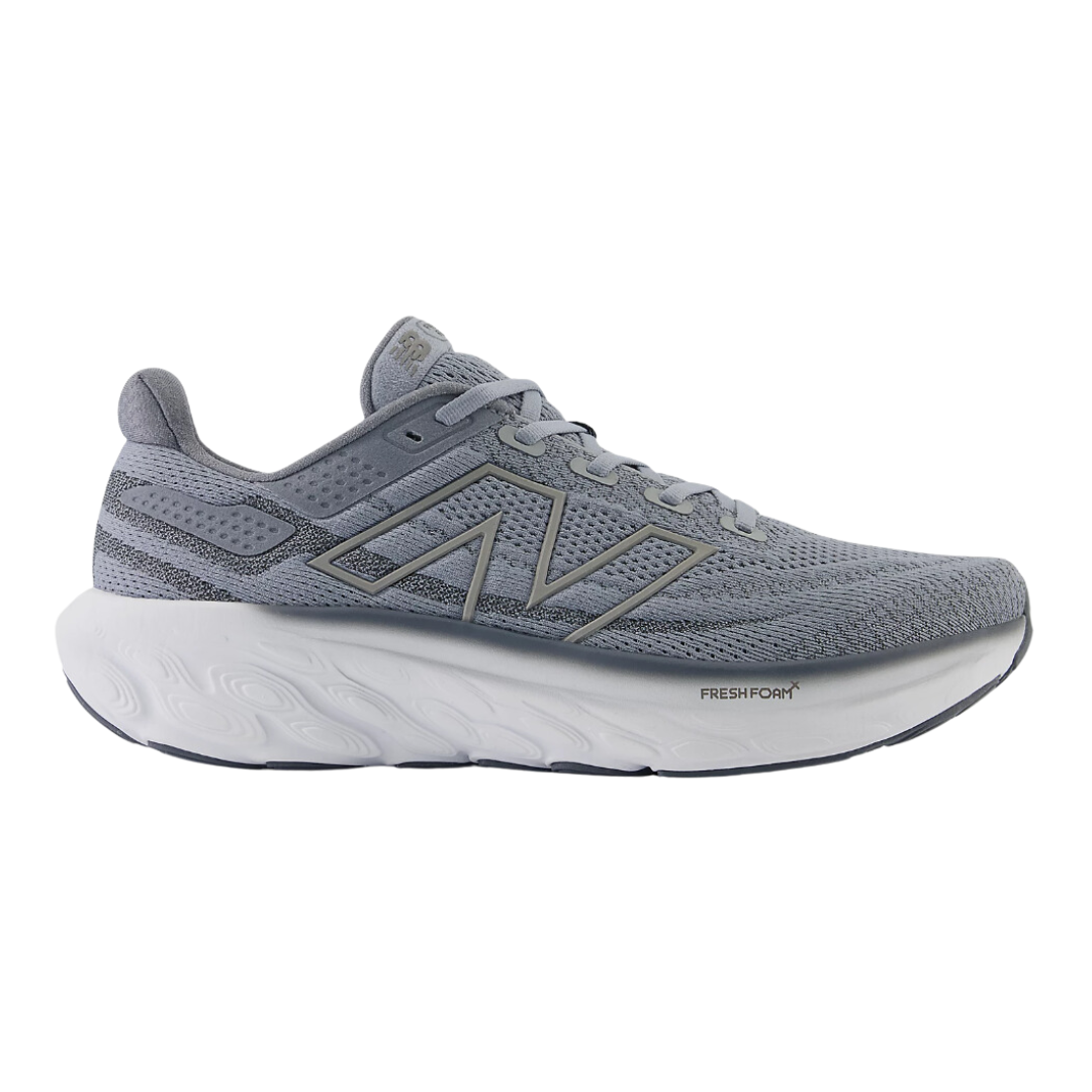Side view of Men’s New Balance Fresh Foam x 1080v13 athletic shoe in grey and white – featuring engineered mesh upper, plush cushioning midsole, reinforced heel, and durable rubber outsole.