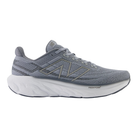 Side view of Men’s New Balance Fresh Foam x 1080v13 athletic shoe in grey and white – featuring engineered mesh upper, plush cushioning midsole, reinforced heel, and durable rubber outsole.