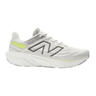 Side view of Men’s New Balance Fresh Foam x 1080v13 athletic shoe in white, grey, and light green – featuring engineered knit upper, Fresh Foam cushioning for plush comfort, reinforced heel for stability, and rubber outsole for grip.