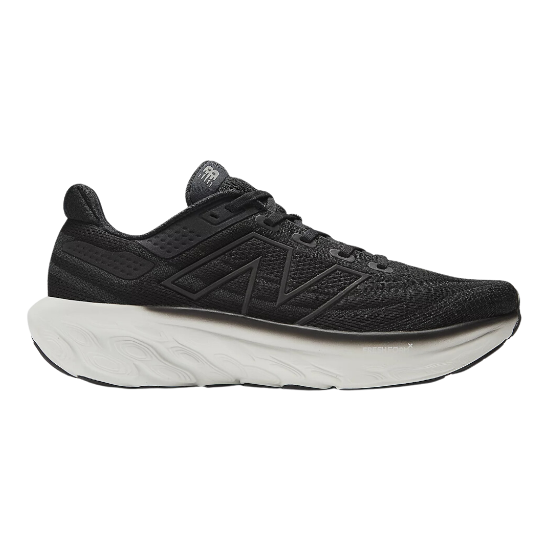 Side view of Men’s New Balance Fresh Foam x 1080v13 athletic shoe in black and white – featuring engineered mesh upper for breathability, responsive Fresh Foam midsole cushioning, reinforced heel for stability, and durable rubber outsole for traction.