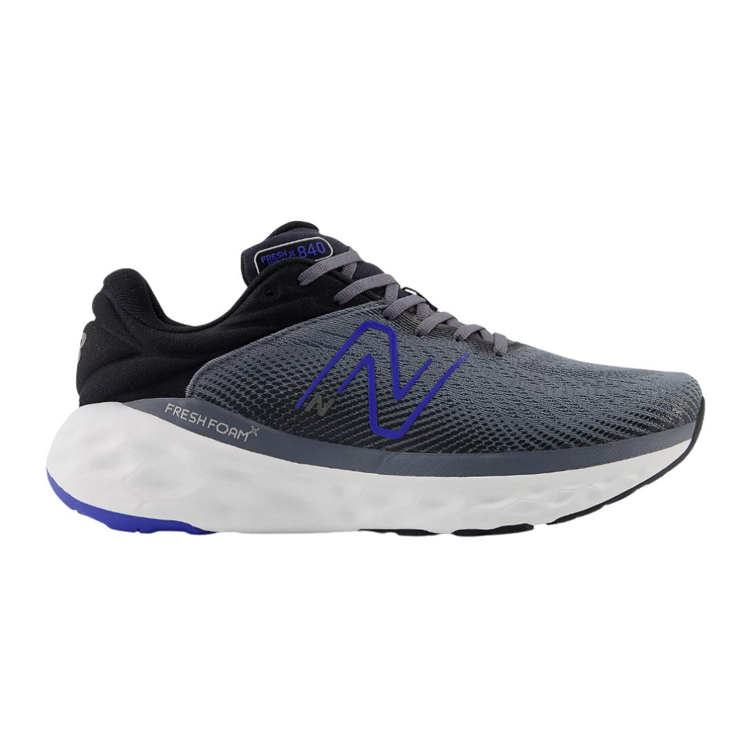Side view of Men's Fresh Foam x 840v1 athletic shoe in grey, black, blue, and white – featuring engineered mesh upper for ventilation, Fresh Foam cushioning for smooth ride, durable outsole for traction, and padded heel collar.