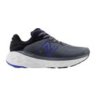 Side view of Men's Fresh Foam x 840v1 athletic shoe in grey, black, blue, and white – featuring engineered mesh upper for ventilation, Fresh Foam cushioning for smooth ride, durable outsole for traction, and padded heel collar.