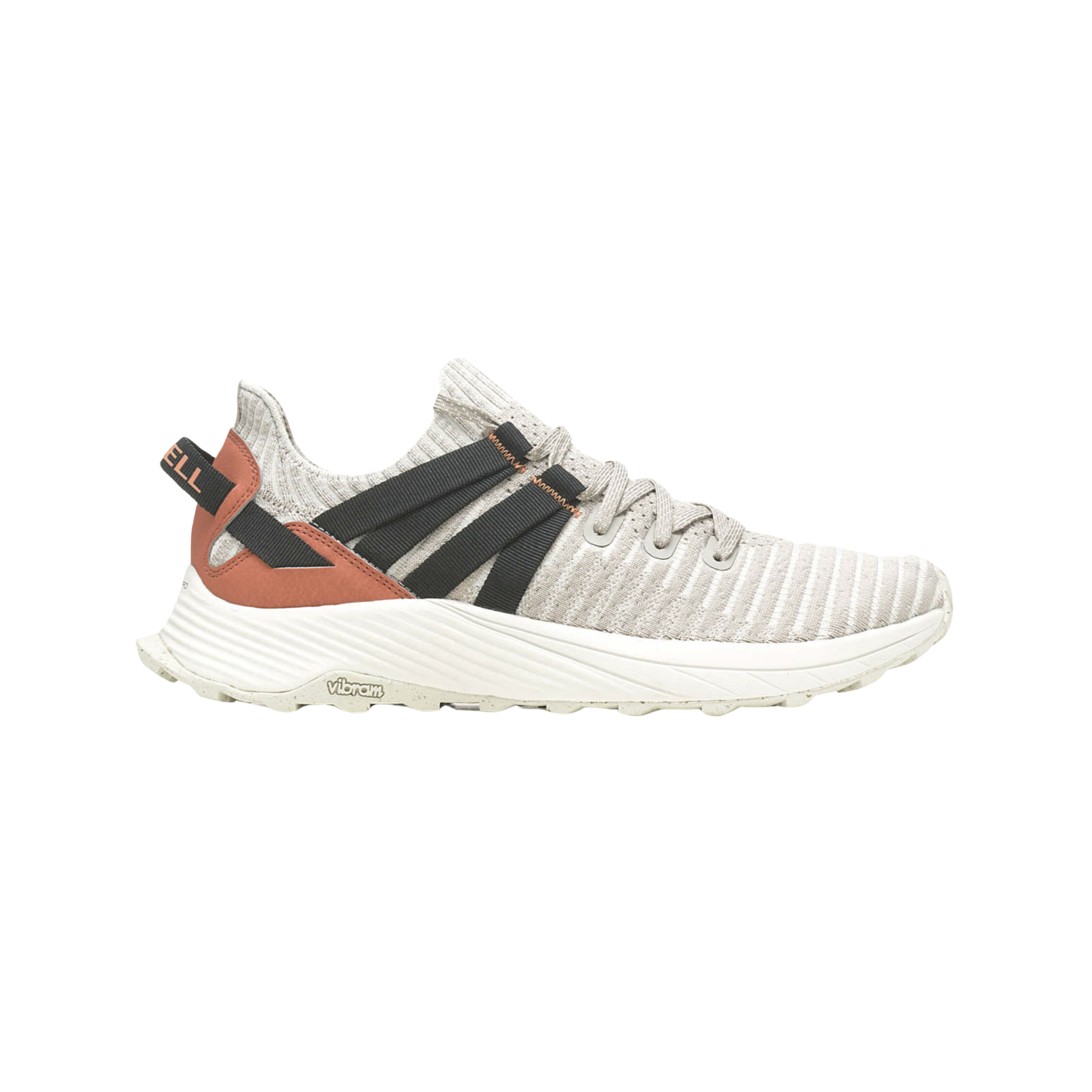 Side View of Men’s Merrell Embark Lace Sneaker in white, black and orange – featuring breathable knit upper, FloatPro™ Foam midsole, and eco-friendly comfort for everyday wear.