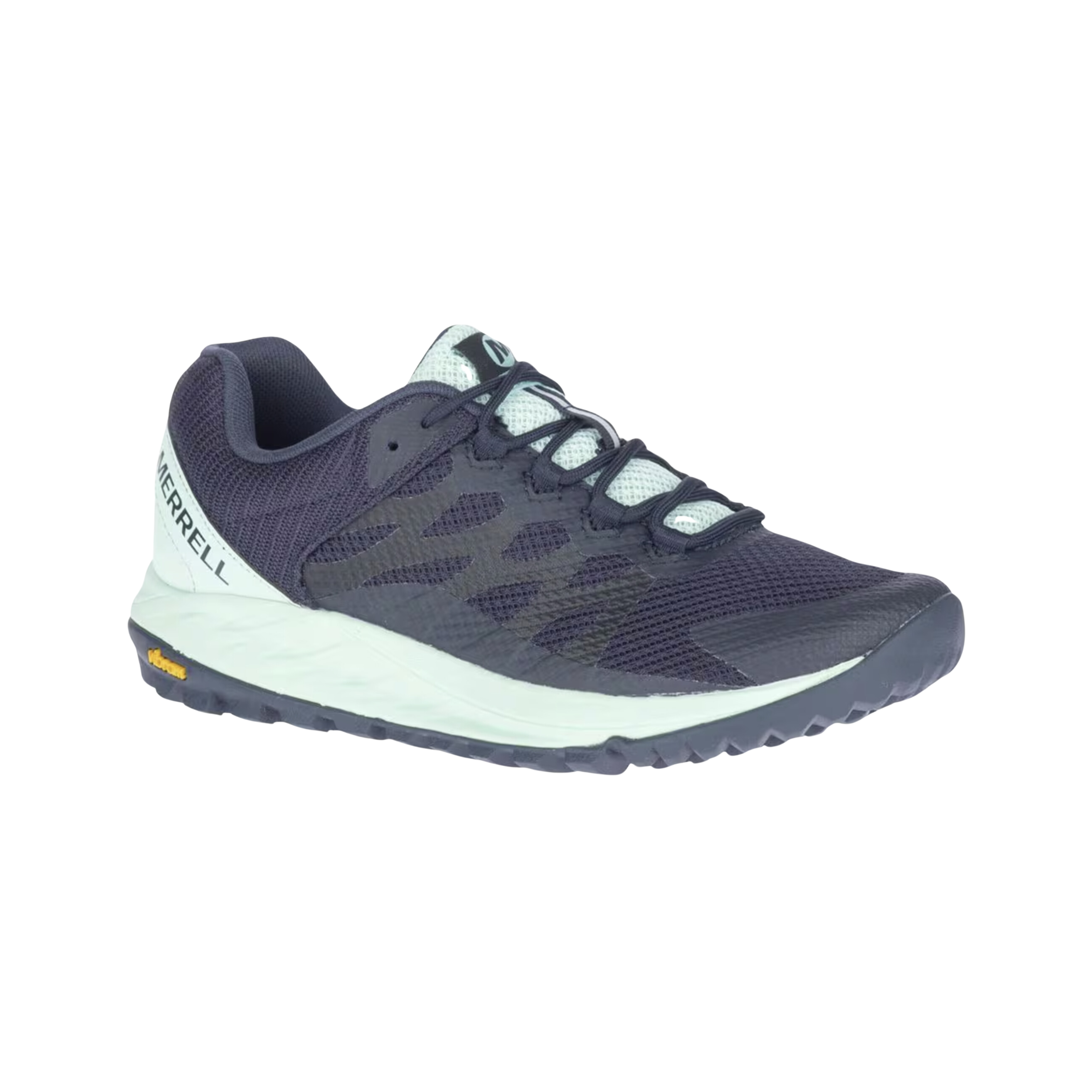 Side View of Women’s Merrell Antora 2 in navy jade – featuring trail-tuned cushioning, rock plate for protection, and lightweight mesh design.