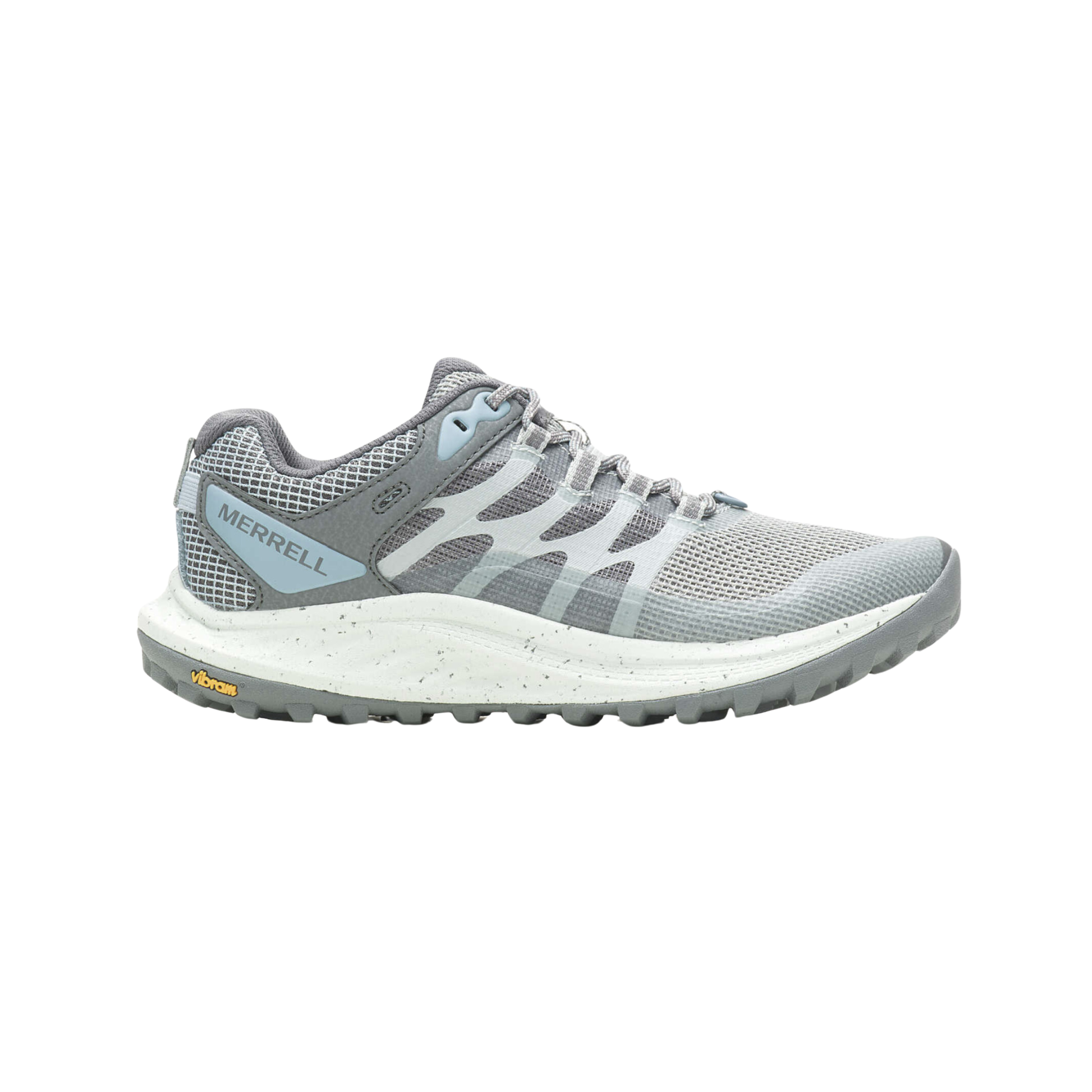 Side View of Women’s Merrell Antora 3 in highrise – featuring trail-specific fit, rock plate protection, and breathable mesh construction for high-mileage comfort.