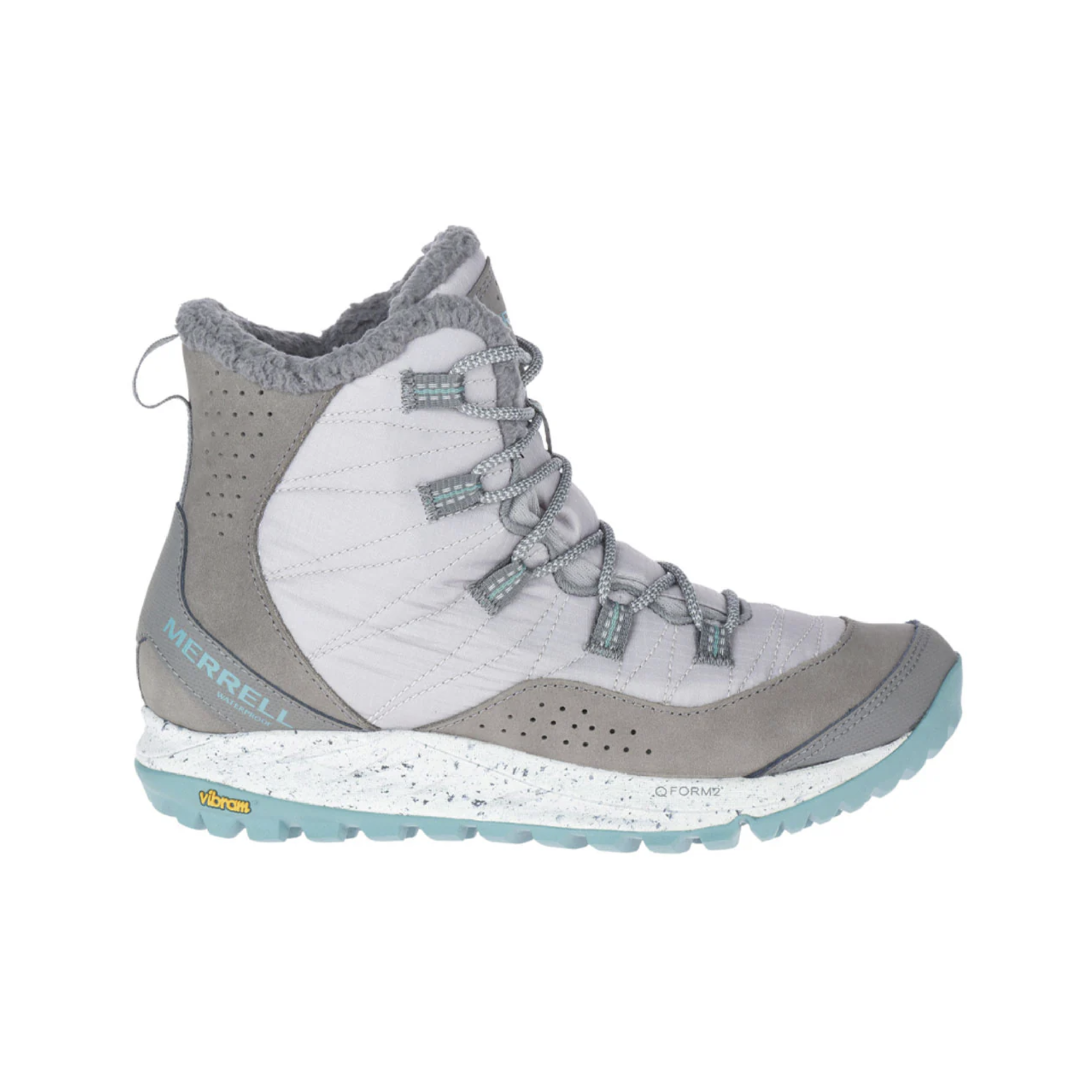 Side View of Women’s Merrell Antora Boot in blue and grey – featuring waterproof mesh upper, durable cushioning, and Vibram® sole for trail-ready stability.