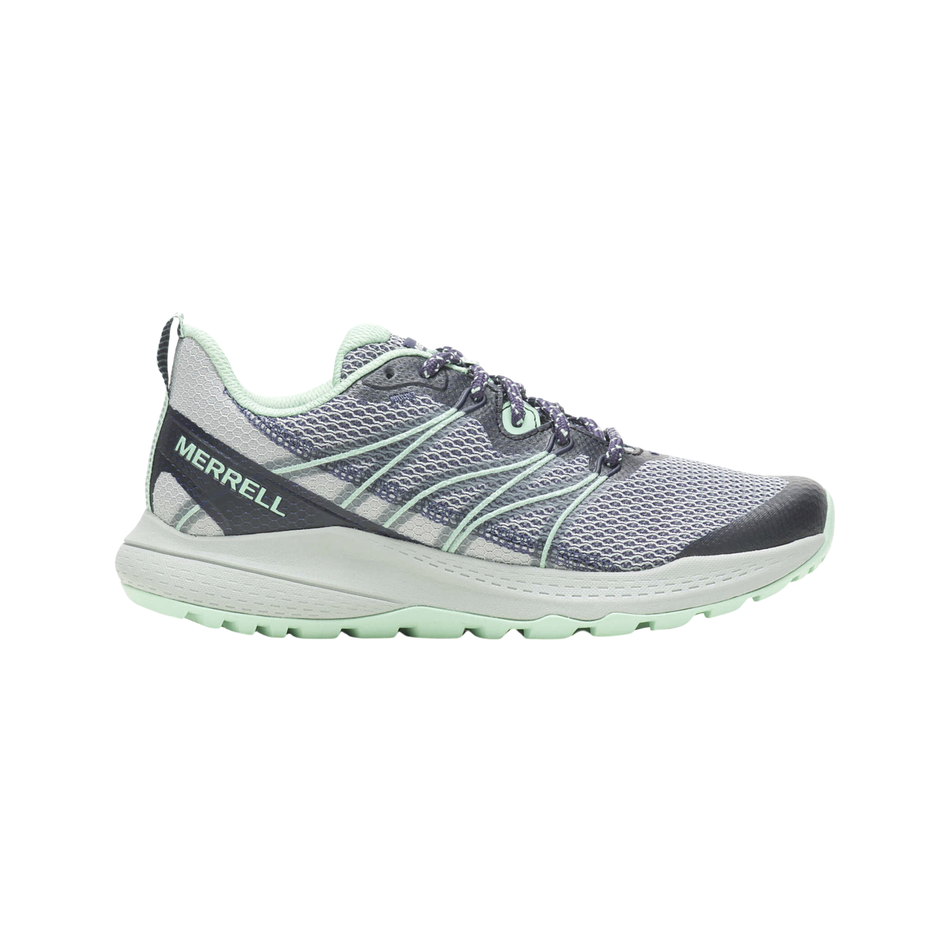 Side View of Women’s Merrell Bravada 2 Breeze in rock navy – featuring breathable mesh upper, trail-focused grip, and contoured arch support.