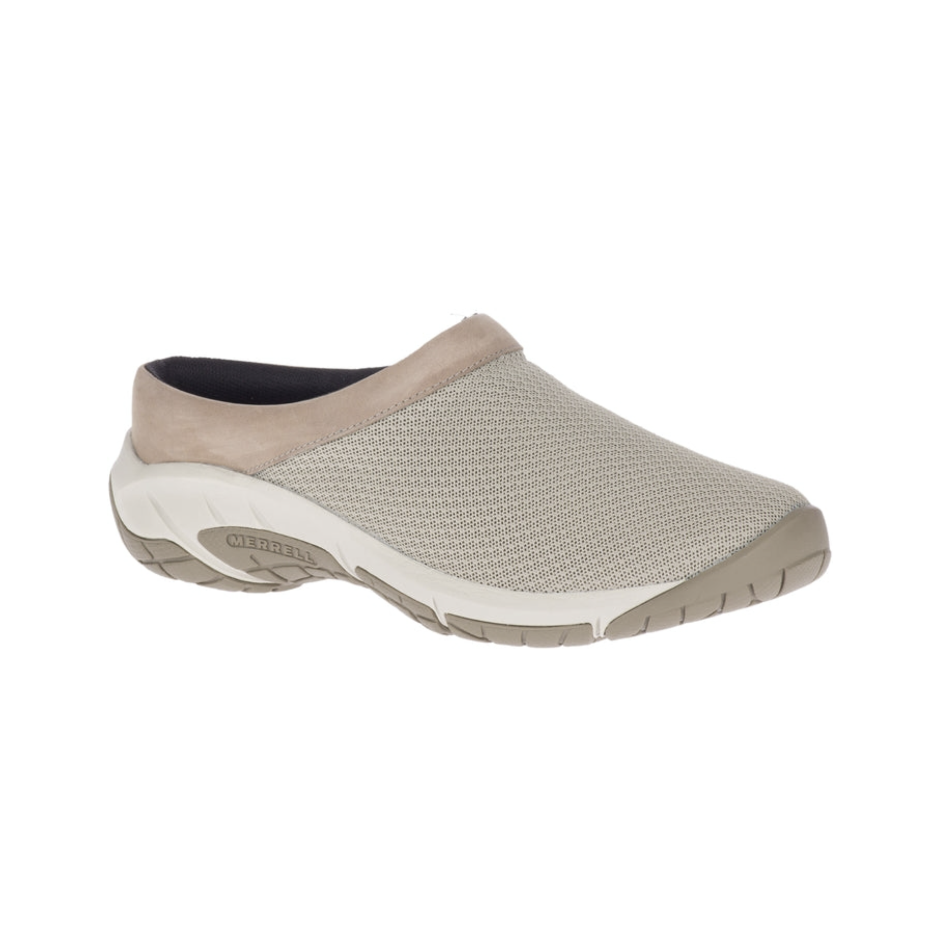 Side View of Women’s Merrell Encore Breeze 4 in aluminum, tape and white – featuring mesh and synthetic upper, slip-on mule design, and COMFORTBASE™ footbed for all-day ease.
