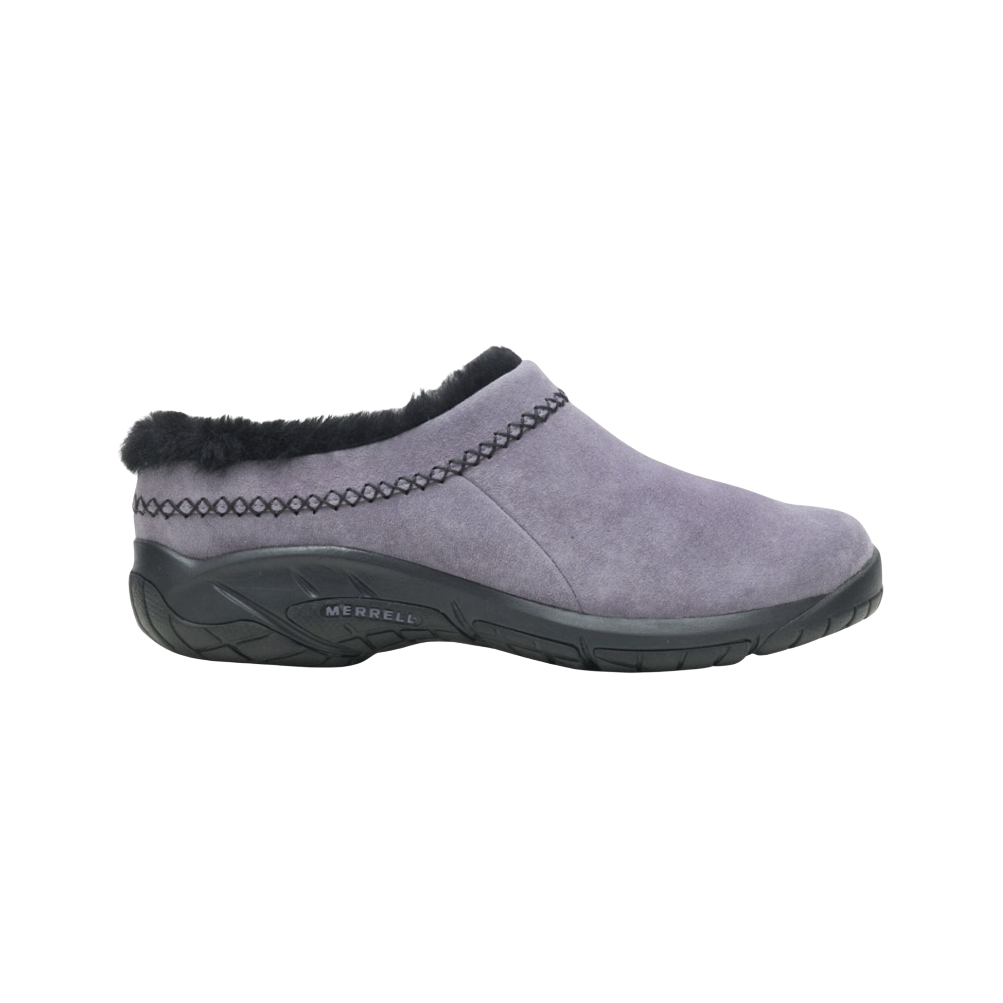 Side View of Women’s Merrell Encore Ice 4 in shark – featuring shearling-lined upper, slip-on convenience, and comfort-focused cushioning for cool climates.