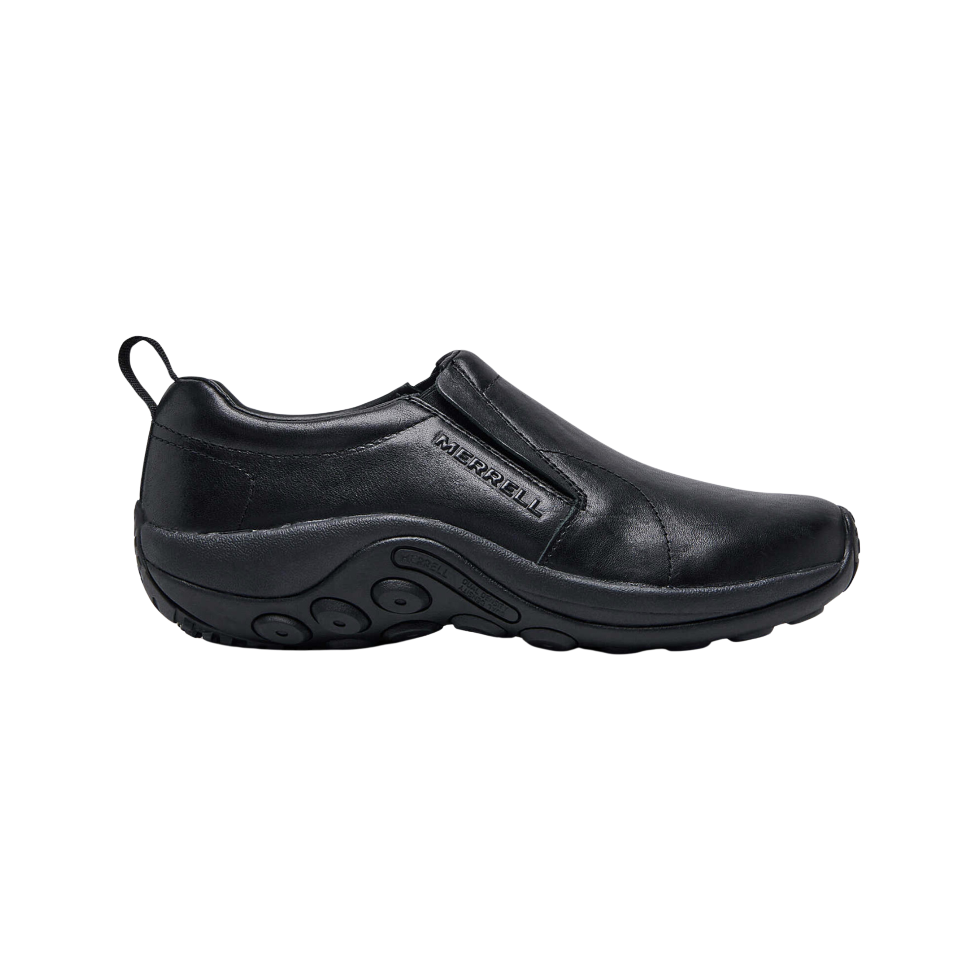 Side View of Men’s Merrell Jungle Moc Leather 2 in midnight – featuring full-grain leather upper, supportive EVA midsole, and Merrell Air Cushion in the heel.