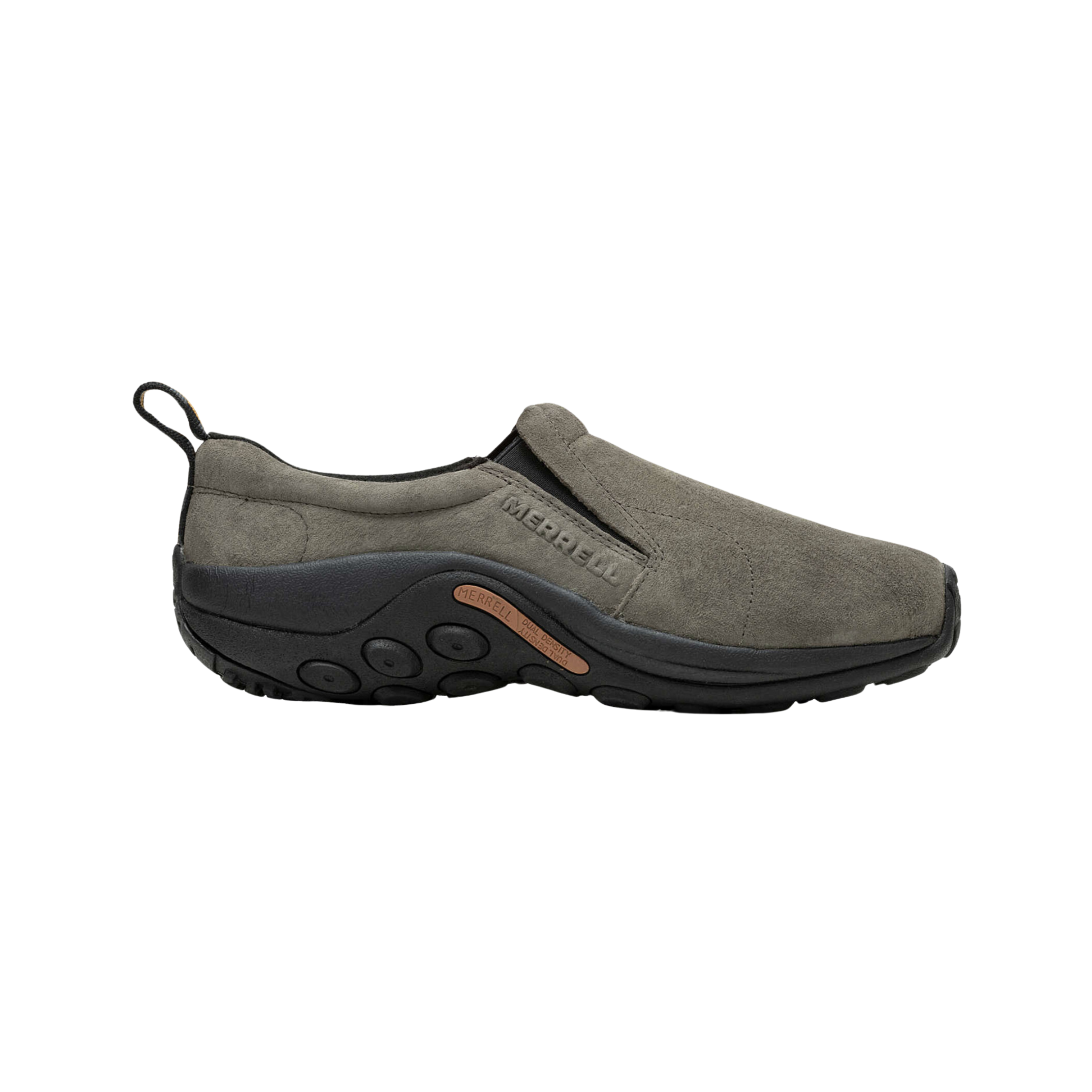 Side View of Men’s Merrell Jungle Moc in gray – featuring slip-on suede upper, supportive footbed, and grippy outsole for casual outdoor wear.