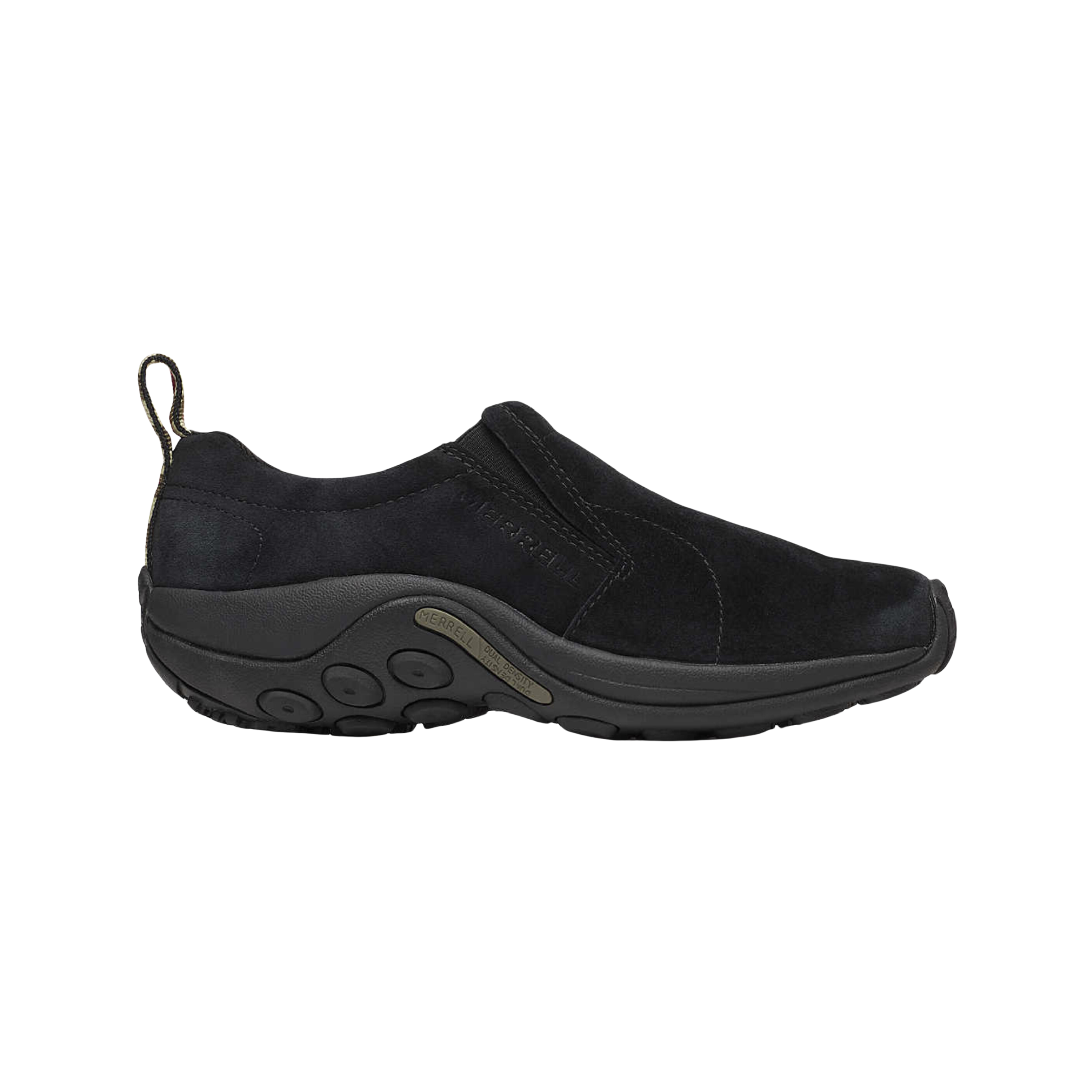 Side View of Women’s Merrell Jungle Moc in midnight black– featuring suede upper, easy slip-on styling, and cushioned footbed for versatile everyday wear.