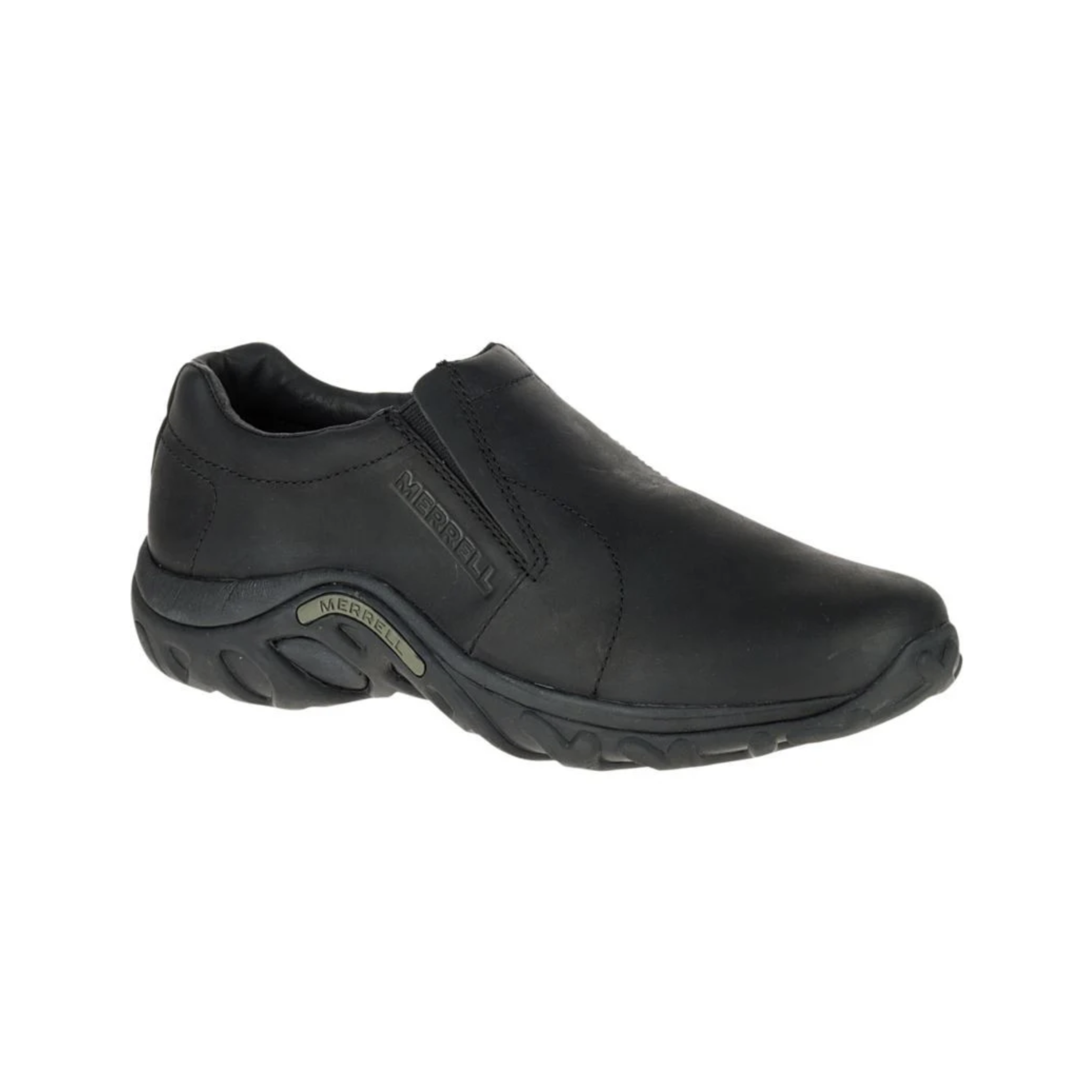 Side View of Men’s Merrell Jungle Moc in midnight black– featuring classic slip-on style, cushioned midsole, and durable outsole for casual comfort.