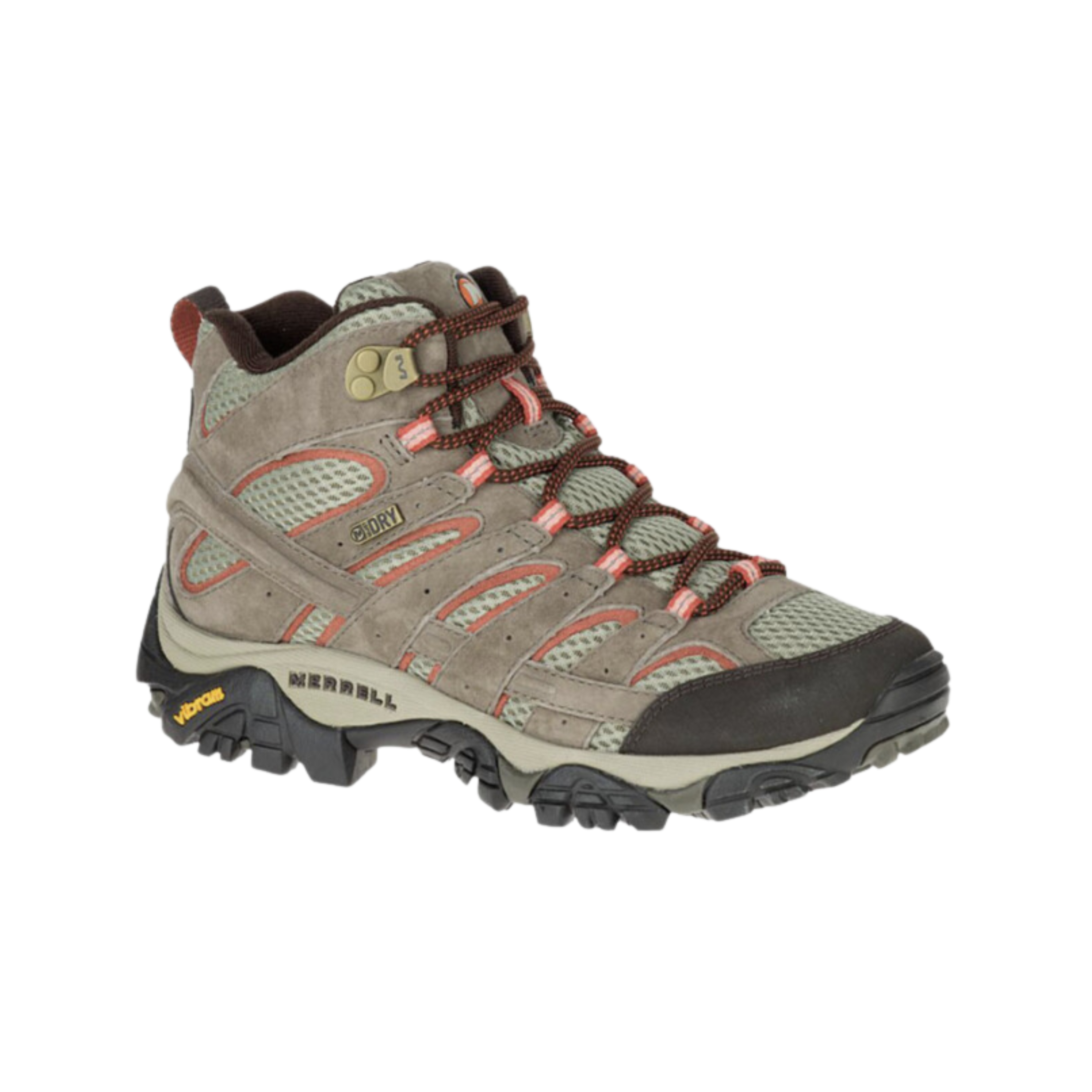 Side view of Women’s Merrell Moab 2 Mid Waterproof in Bungee Cord – featuring a rugged yet breathable upper, waterproof protection, responsive cushioning, and a classic hiking boot profile built for comfort and performance on the trail.